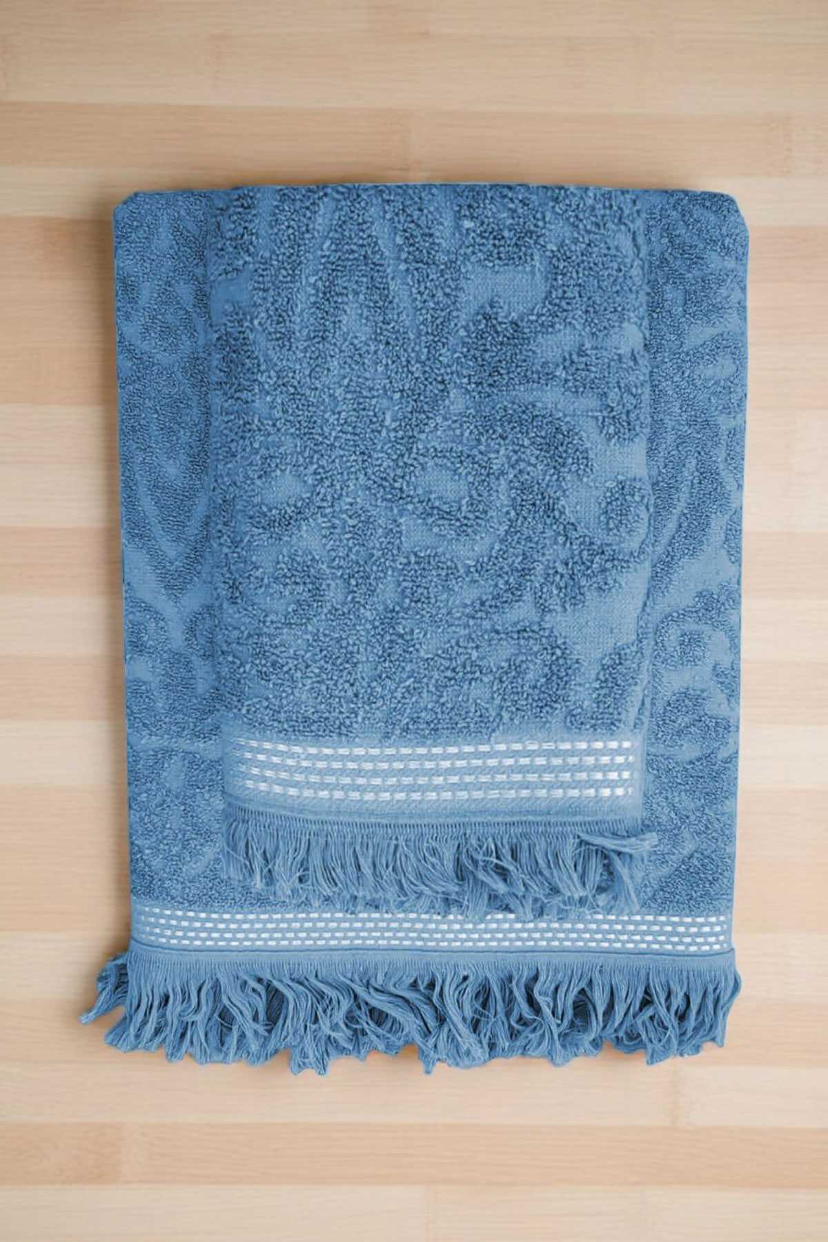 2 Parça Jakarlı Banyo Havlu Takımı %100 Pamuklu 90x150 Cm Arden Mavi resmi