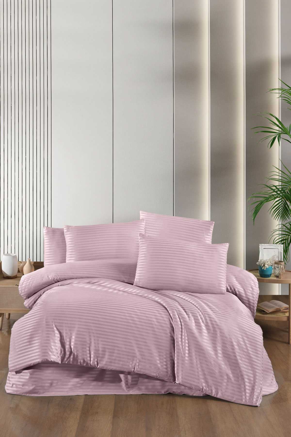 Stripe Saten Line Çift Kişilik Nevresim Takımı Pudra resmi