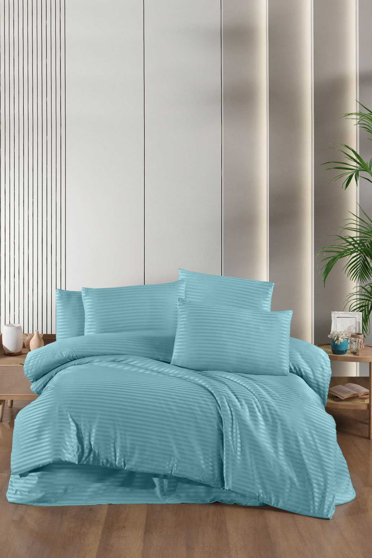 Stripe Saten Line Çift Kişilik Nevresim Takımı Mint Yeşil resmi