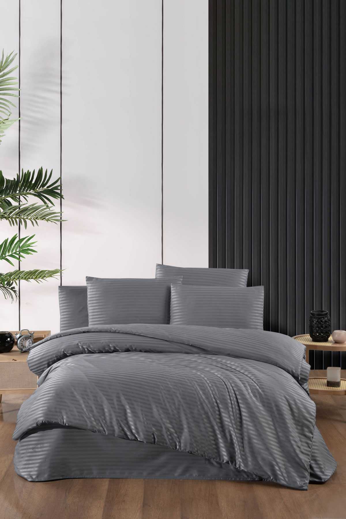 Stripe Saten Line Çift Kişilik Nevresim Takımı Antrasit resmi