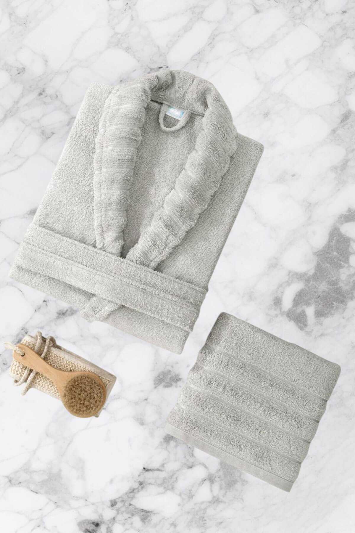 AquaLoom Lüx Bornoz ve Havlu Seti %100 Pamuklu Açık Gri resmi