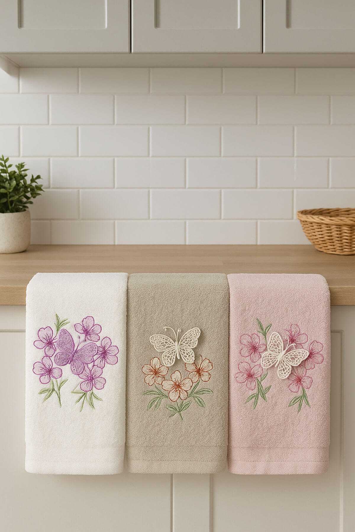 3lü Lüks %100 Pamuklu Mutfak Havlusu Seti 3D Kelebek Aplikeli 30x50 Cm resmi