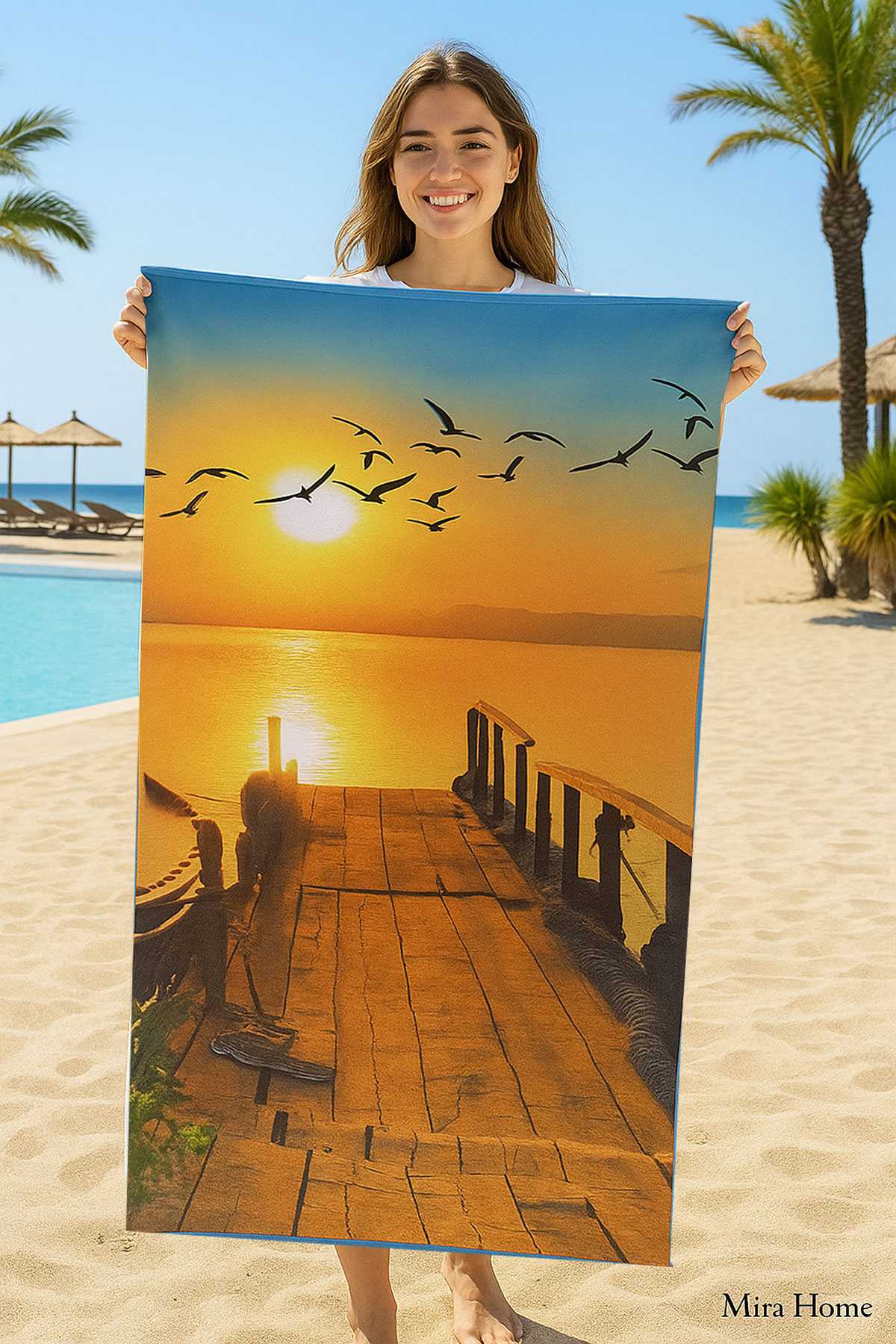 SeaDream Tropikal Desenli Plaj Havlusu 70X140 Cm Günbatımı resmi