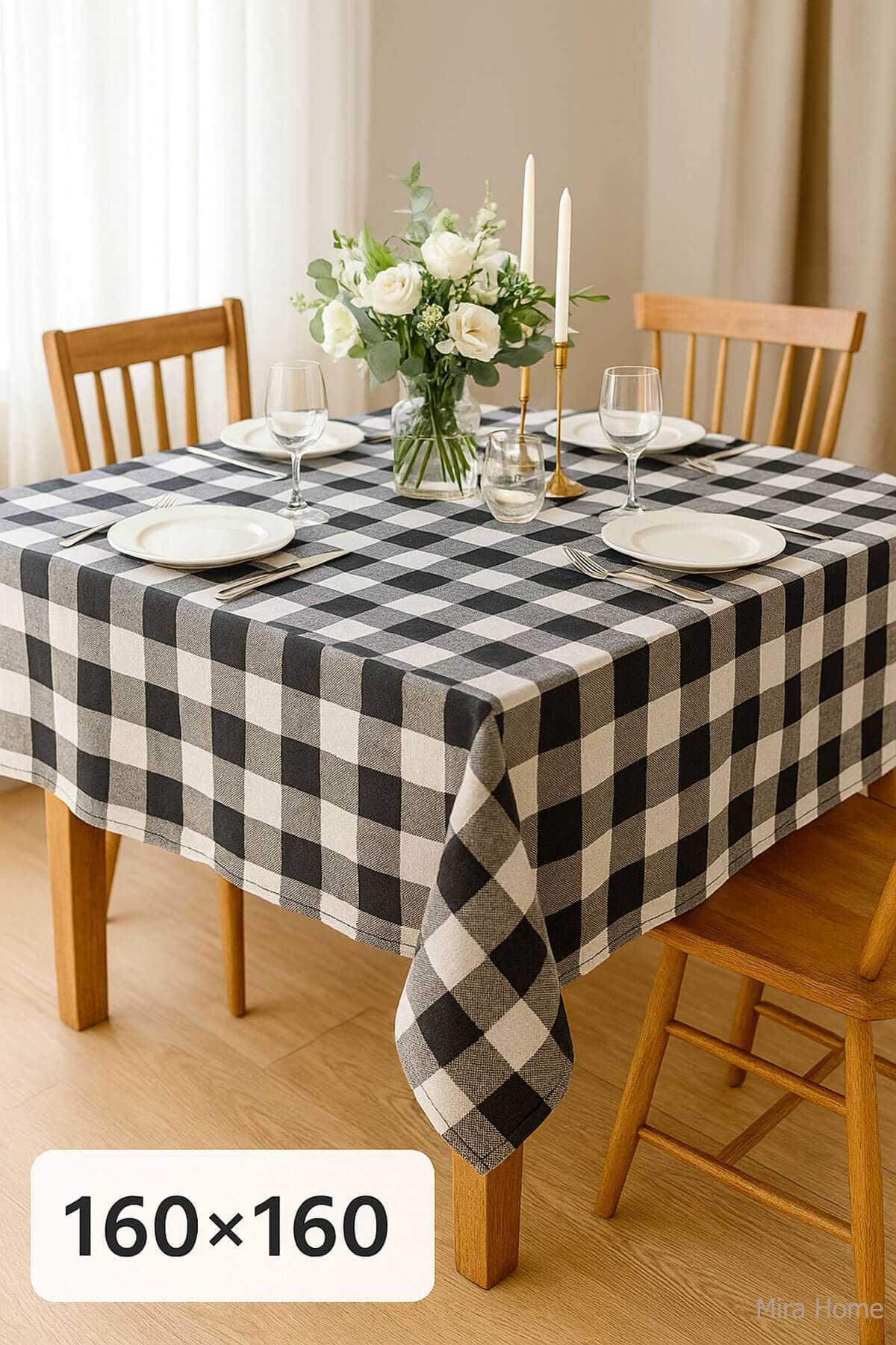Fiber Kareli Masa Örtüsü Sofra Bezi Ekose Desen 160x160 Cm Siyah resmi