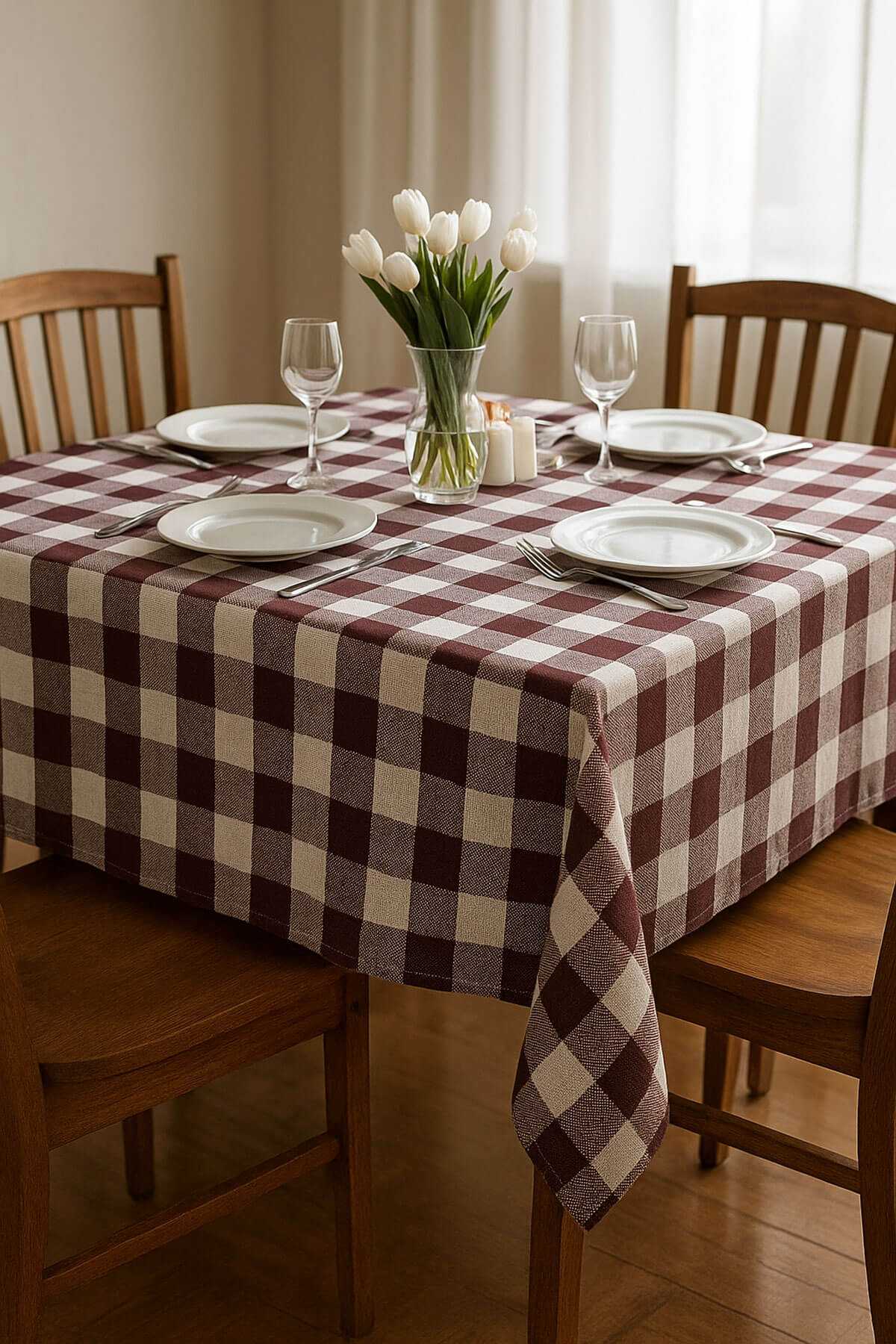 Fiber Kareli Masa Örtüsü Sofra Bezi Ekose Desen 160x160 Cm Bordo resmi