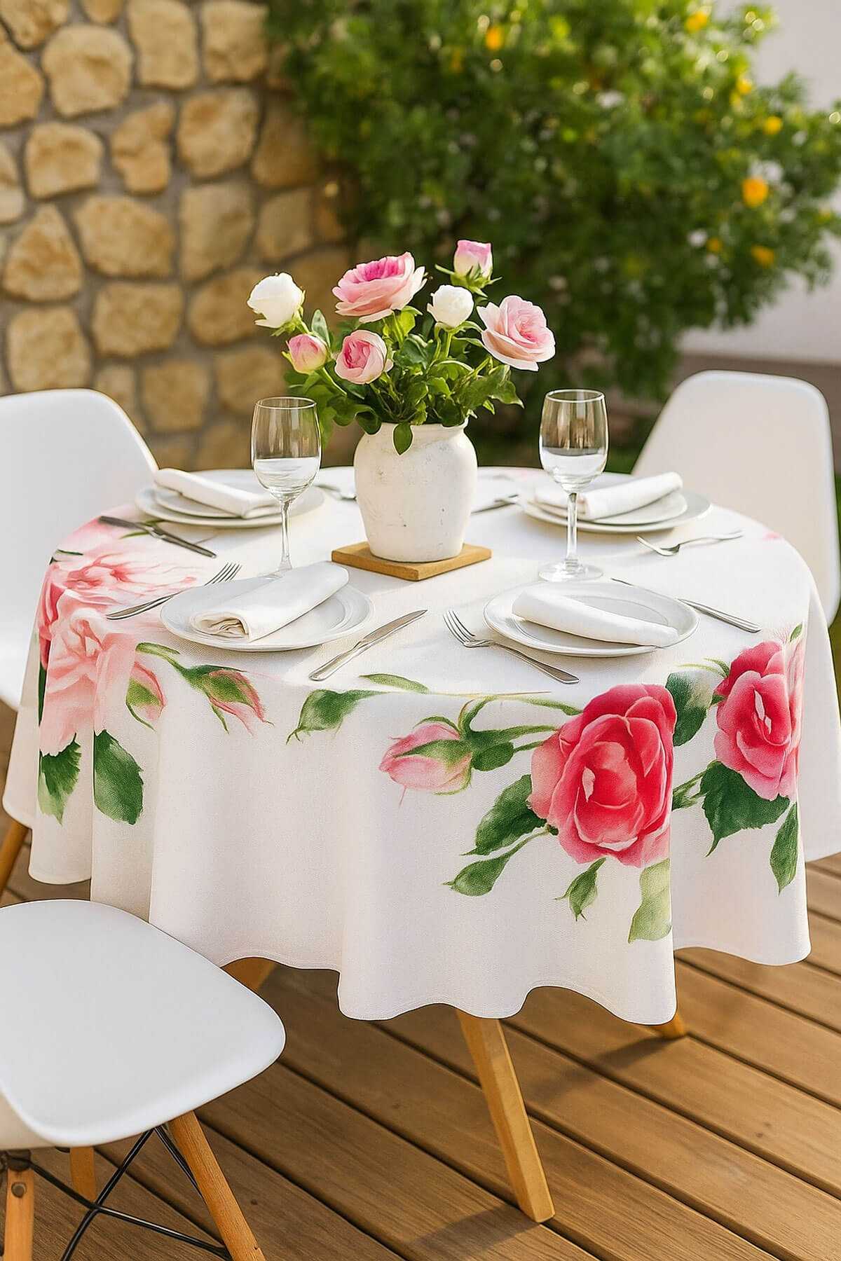 Yuvarlak Gül Desenli Duck Kumaş Masa Örtüsü 150x150 Cm resmi