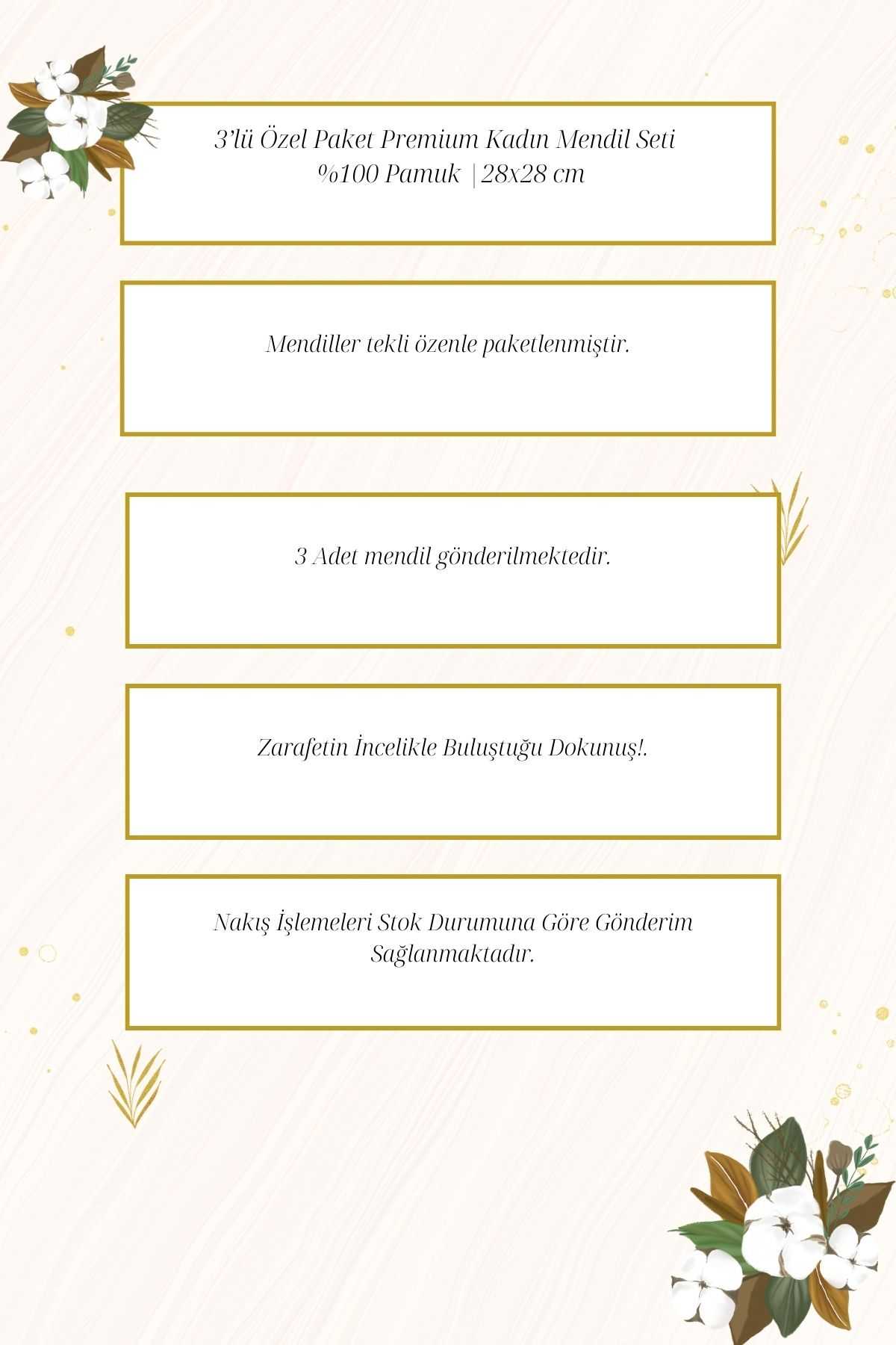 3’lü Özel Paket Premium Kadın İşlemeli Mendil Seti  %100 Pamuk 28x28 Cm resmi