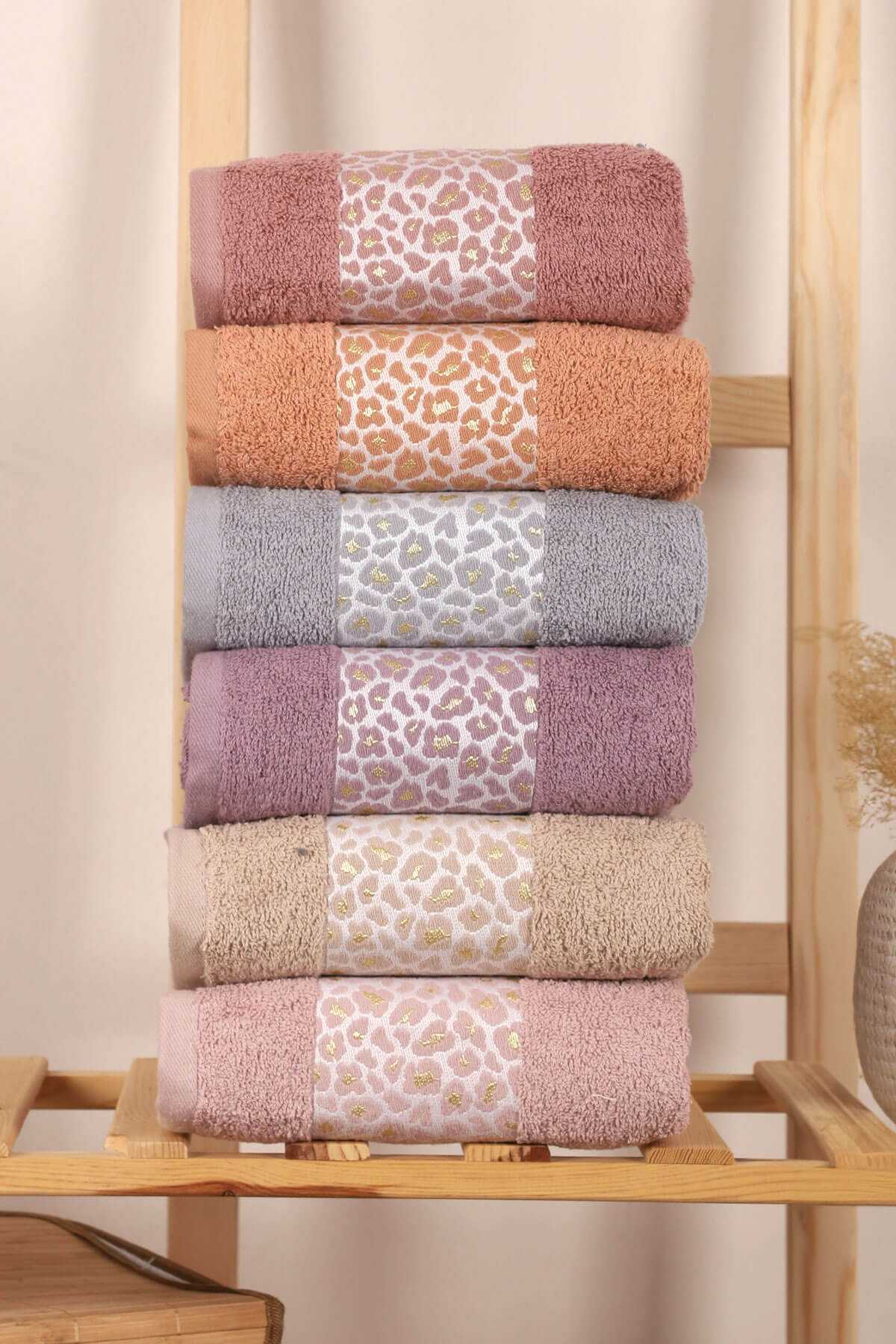 6 lı %100 Pamuklu El Yüz Havlu Seti Renkli Leopar Desen 50x90 Cm resmi