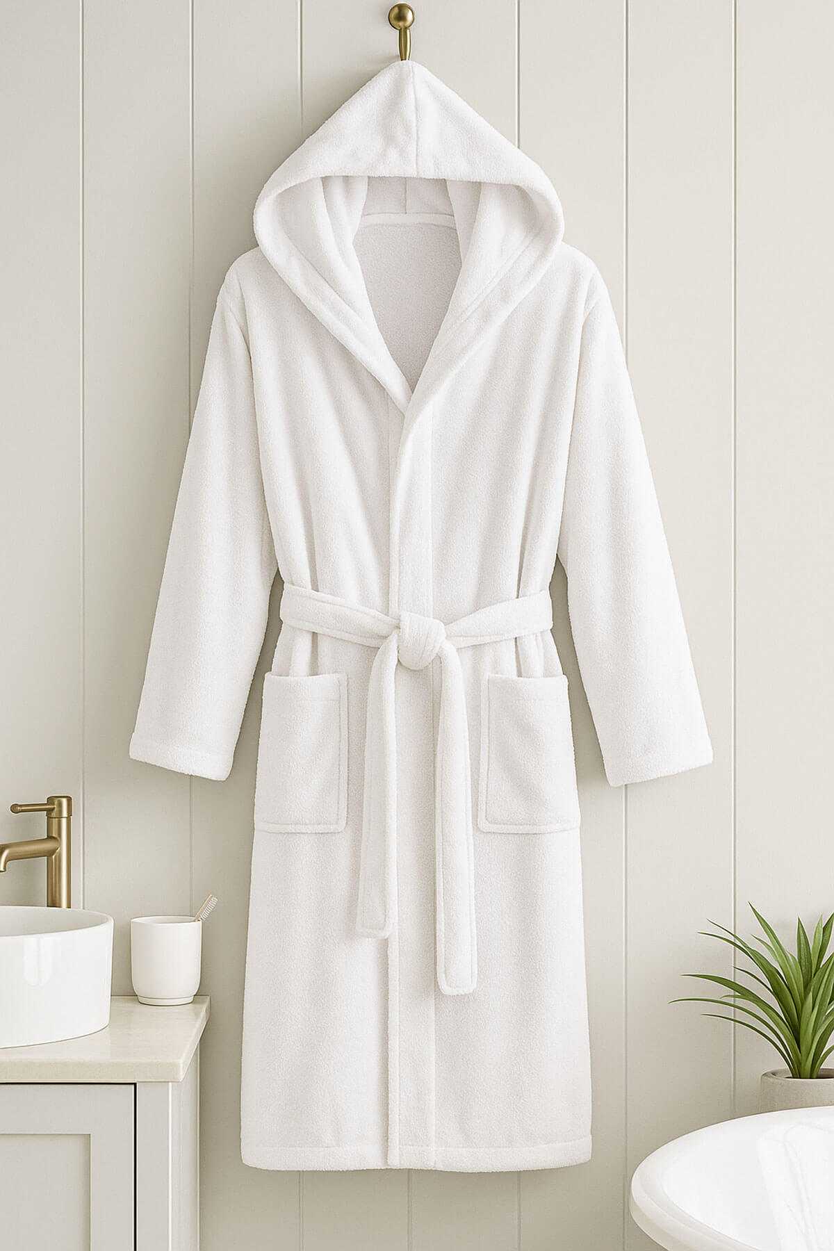 Beyaz Gramajlı Kapşonlu Garson Boy Çocuk Banyo Bornozu resmi