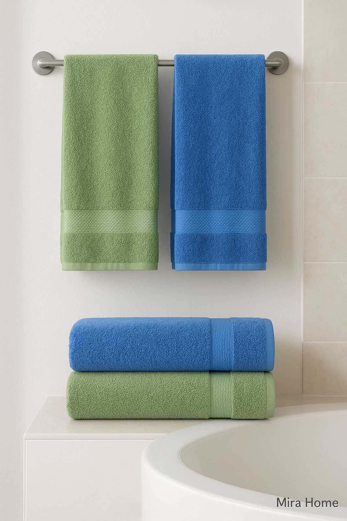 4 Parça Ekonomik Banyo Havlu Takımı %100 Pamuklu Quickdry Mavi Yeşil resmi