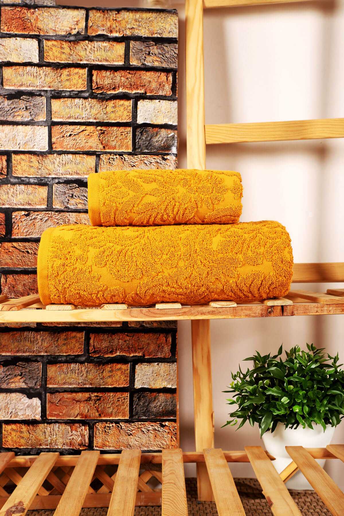 Mira Home 2 Parça Jakarlı Banyo Havlu Takımı Doku Desen Sarı resmi