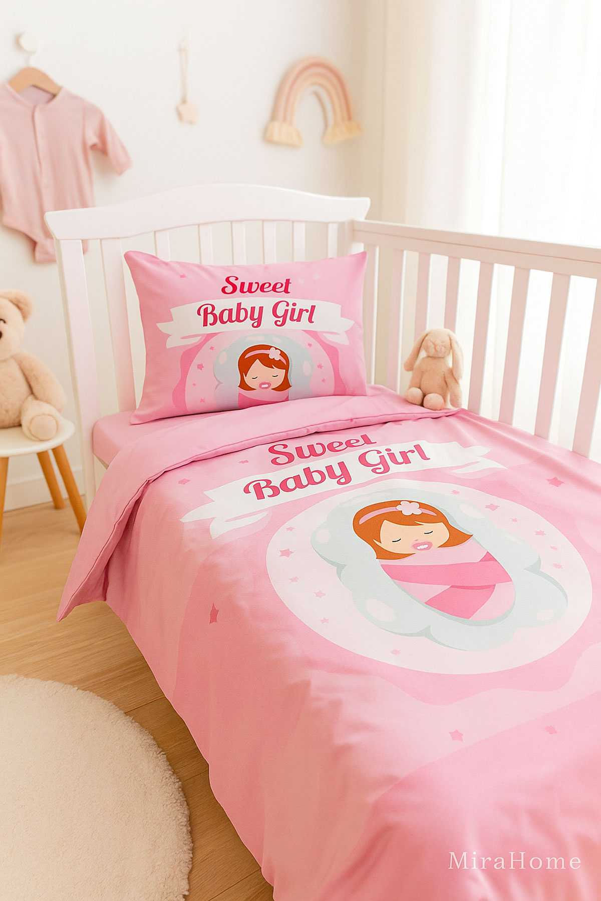 Yenidoğan Kız Bebek Nevresim Takımı %100 Pamuklu Sweet Baby Girl resmi