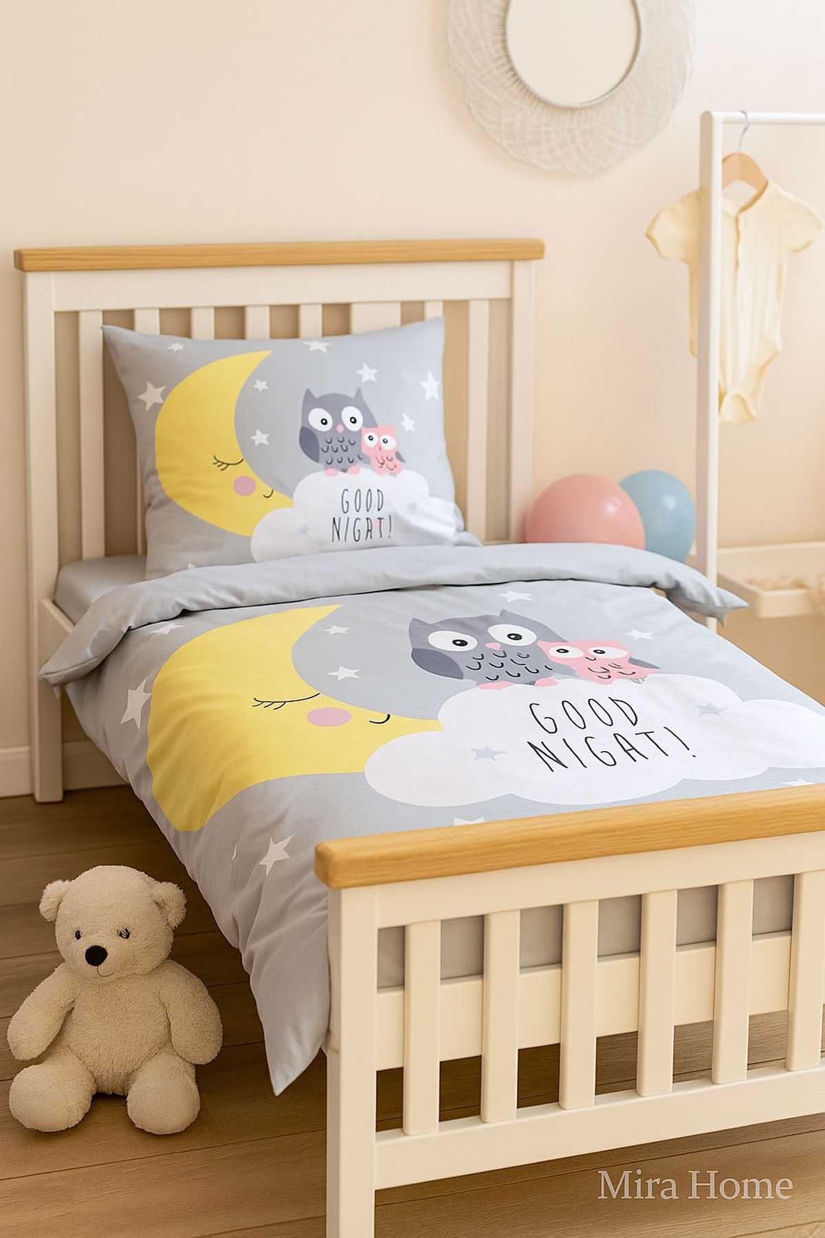Yenidoğan Kız / Erkek Unisex Bebek Nevresim Takımı %100 Pamuklu Good Night Gri resmi