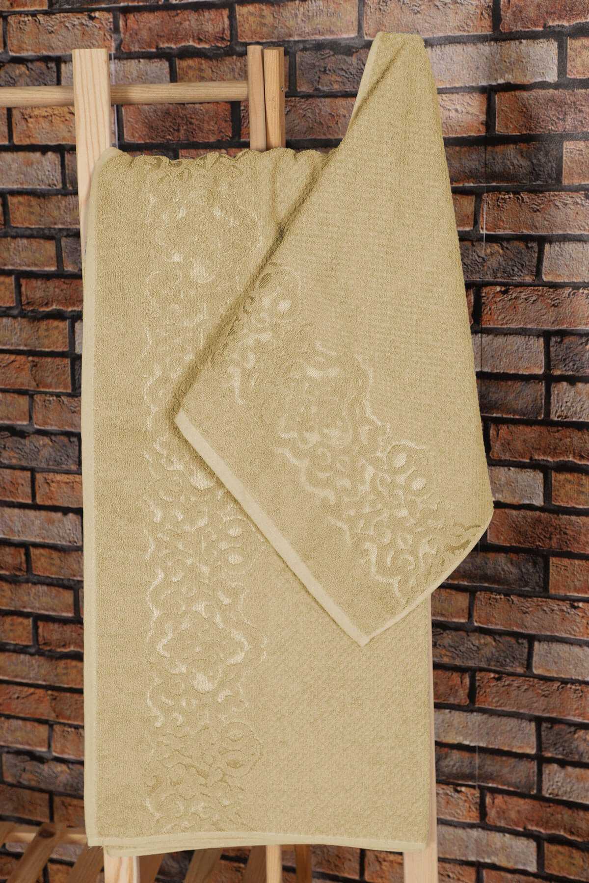 2 Parça %100 Pamuklu Banyo Havlu Seti Sultan Bej resmi