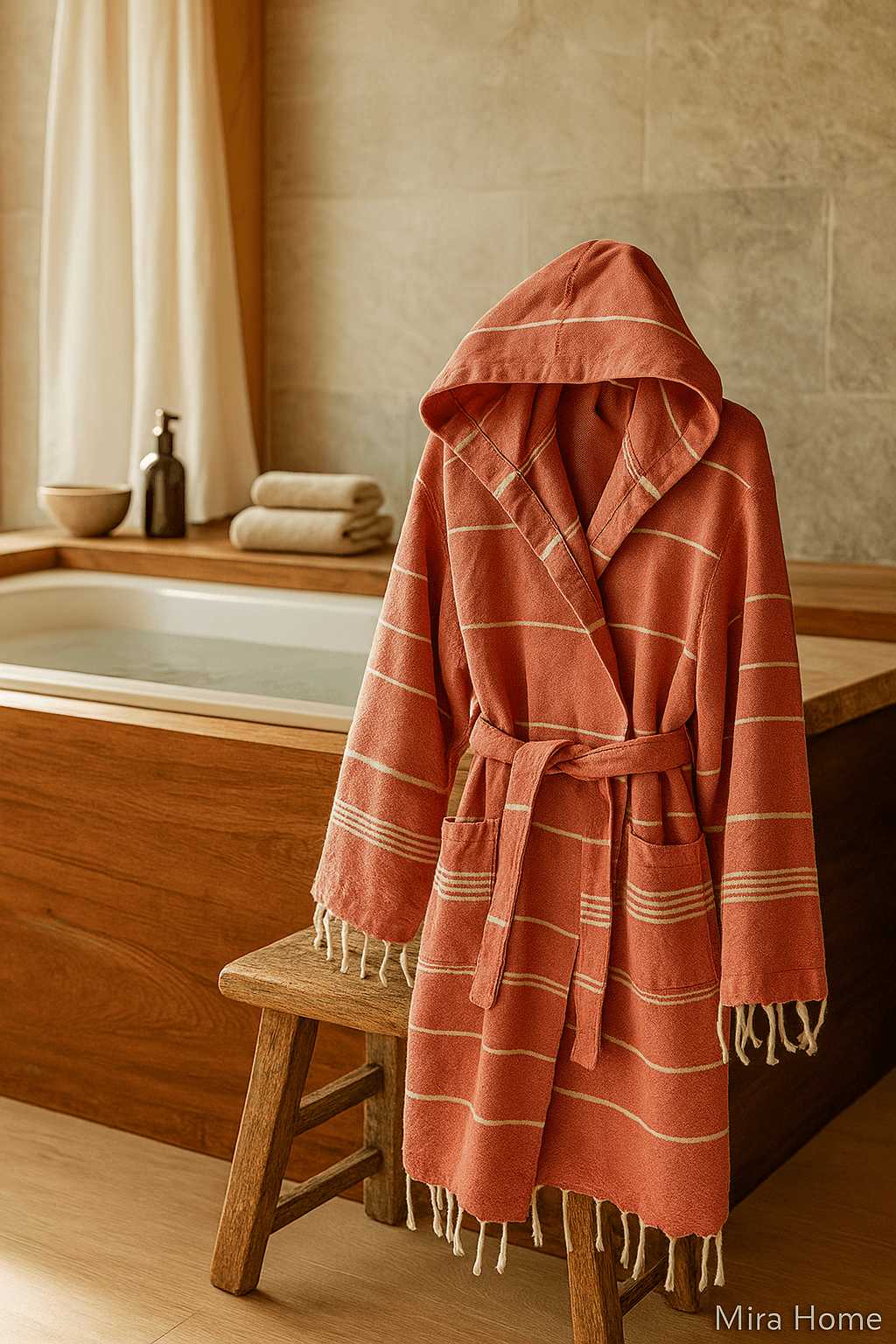 Kapşonlu Çizgili Unisex Banyo Plaj Peştemal Bornozu %100 Pamuklu Linetouch Kiremit resmi