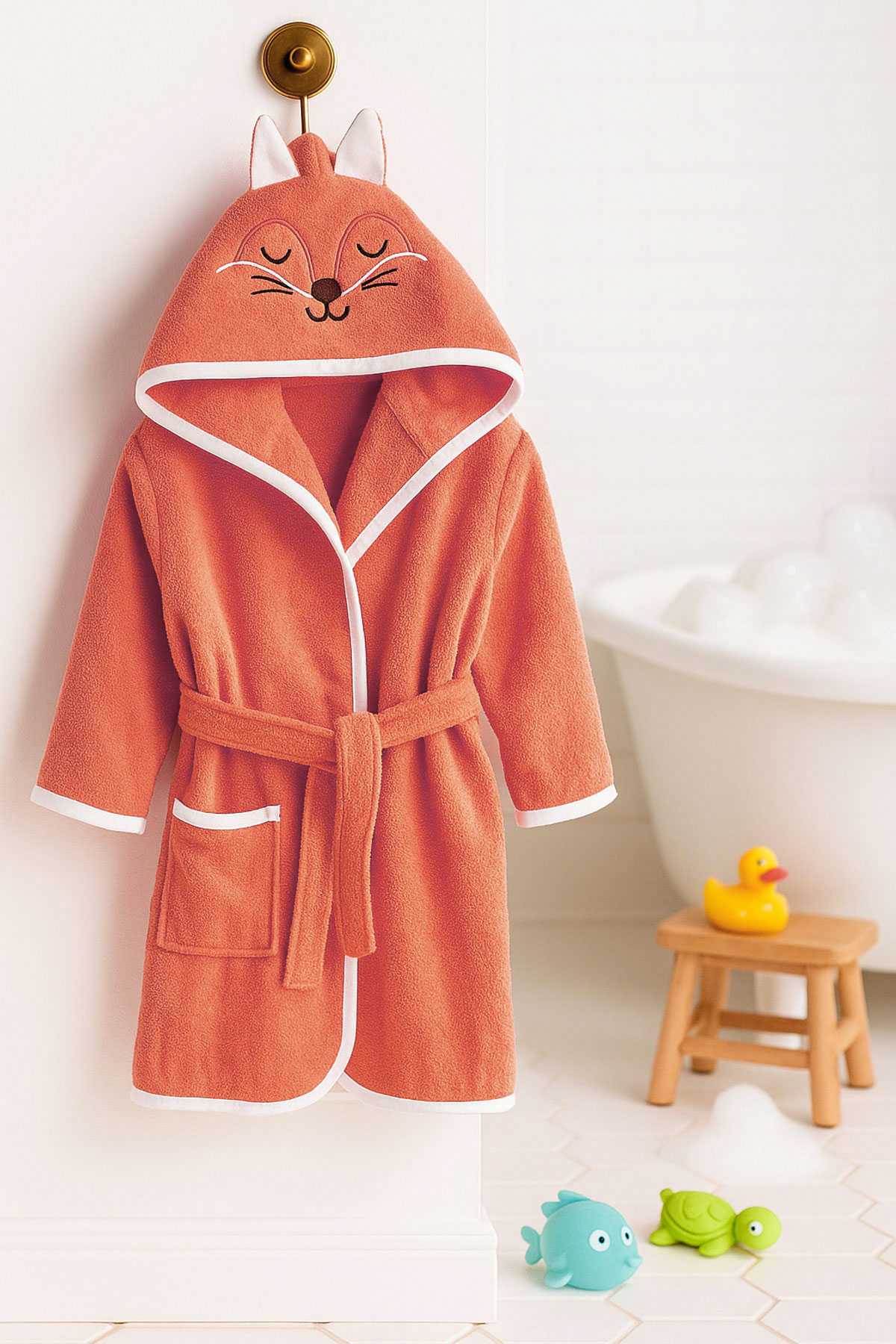 Kapşonlu Unisex %100 Pamuklu Çocuk Banyo Bornozu Fox resmi