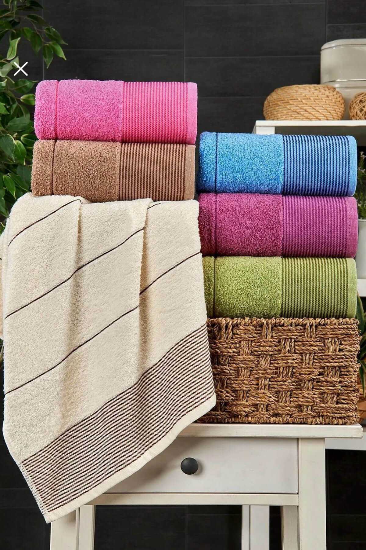 6 lı El Yüz Havlu Seti Pamuklu Havlu Takımı Renkli  Bej resmi