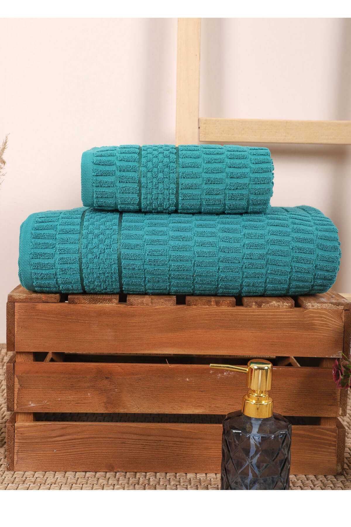 2 Parça Banyo Havlu Takımı %100 Pamuklu Çubuk Desen Yeşil resmi