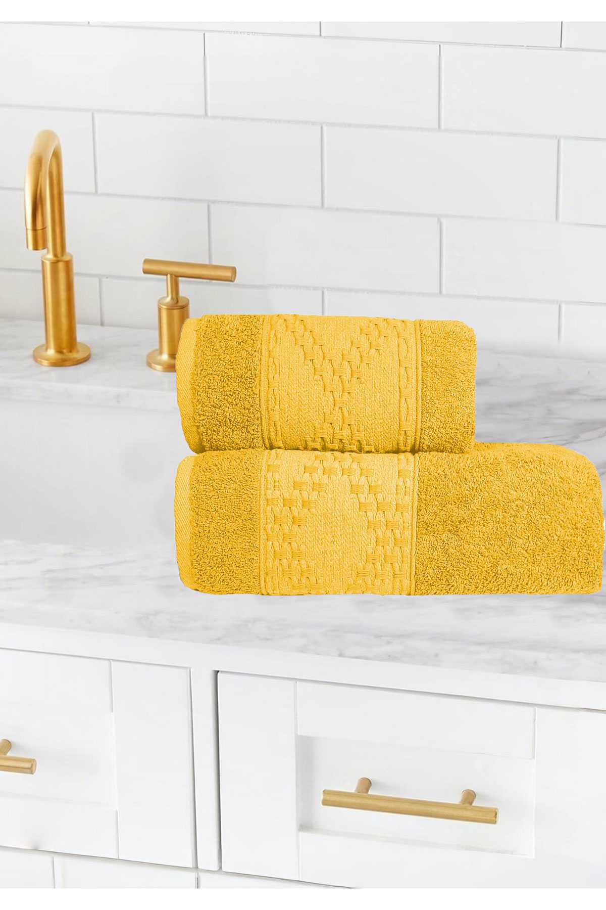 2 Parça Banyo Havlu Takımı %100 Pamuklu Lina Desen Hardal resmi