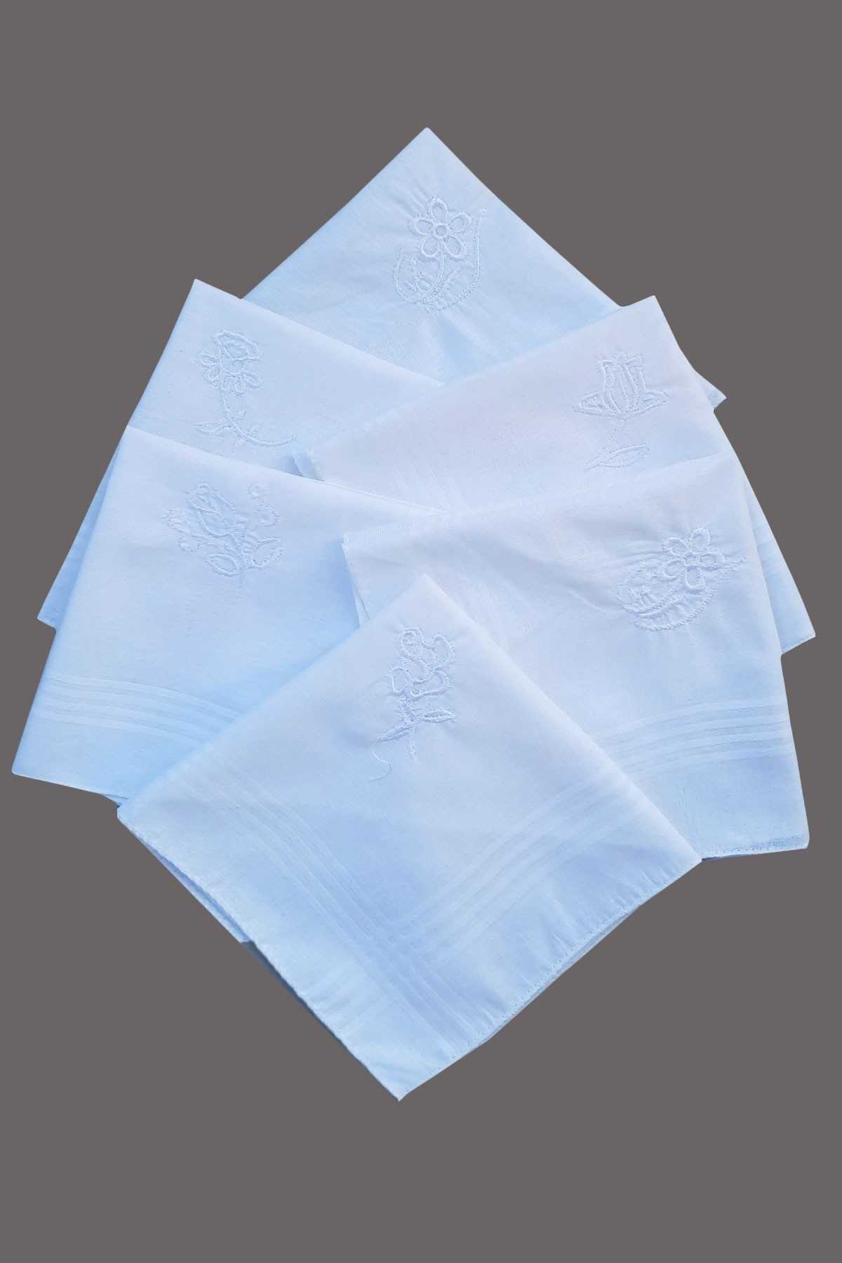 Çiçek İşlemeli 6 lı Bayan Beyaz Mendili 28x28 cm 100 Pamuk resmi