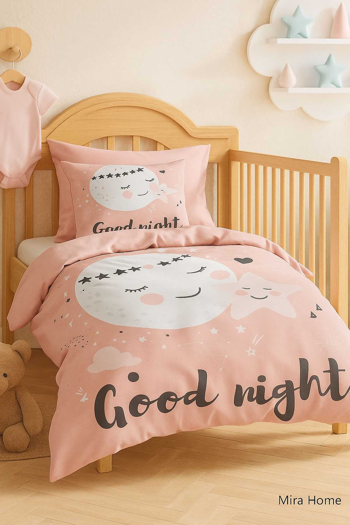 Yenidoğan Kız Bebek Nevresim Takımı %100 Pamuklu Good Night resmi