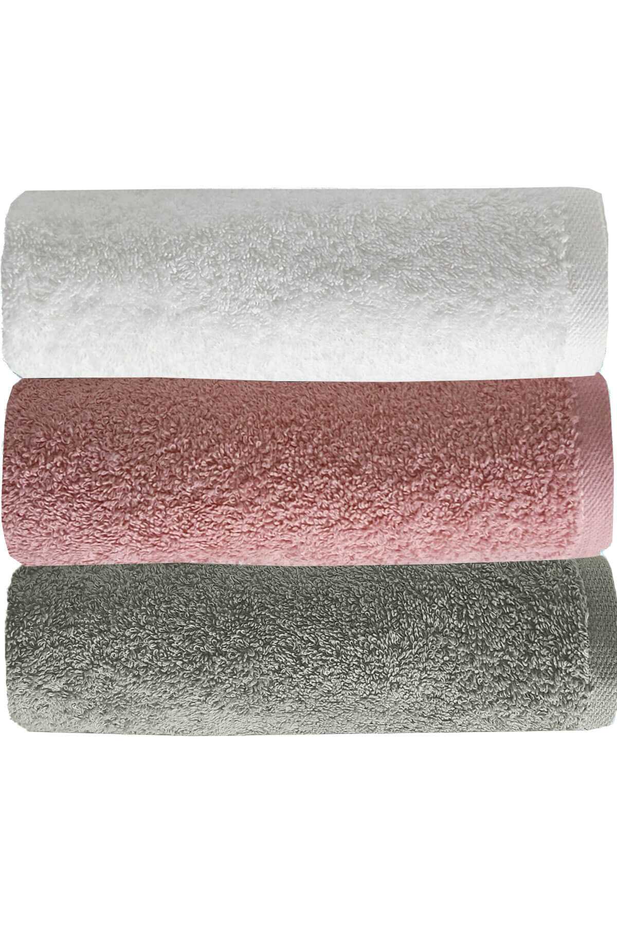 3 lü Düz Renk El Yüz Havlu Seti %100 Pamuklu 50x90 Cm Gri-Gül-Beyaz resmi