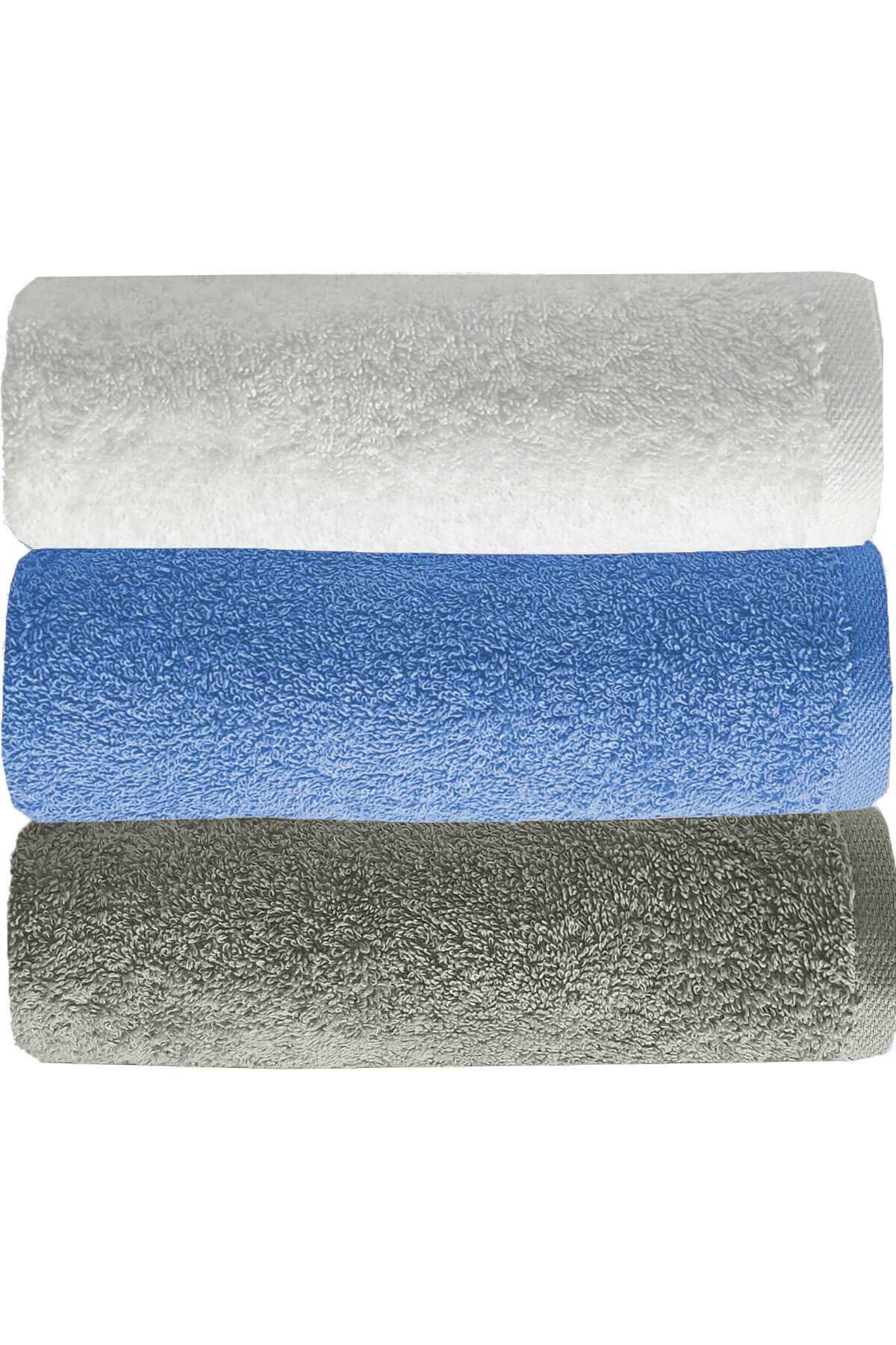 3 lü Düz Renk El Yüz Havlu Seti %100 Pamuklu 50x90 Cm Gri-Mavi-Beyaz resmi