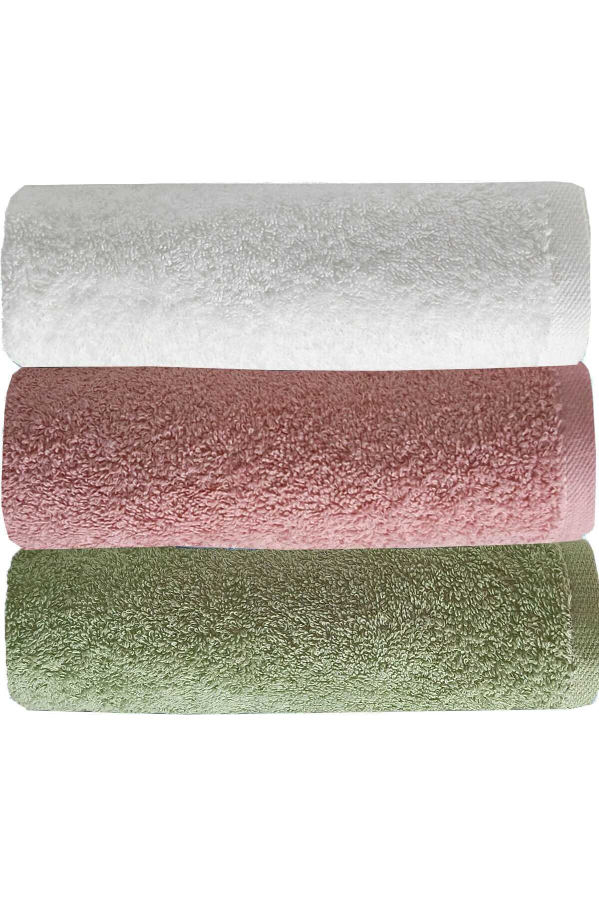 3 lü Düz Renk El Yüz Havlu Seti %100 Pamuklu 50x90 Cm Yeşil Gül Beyaz resmi