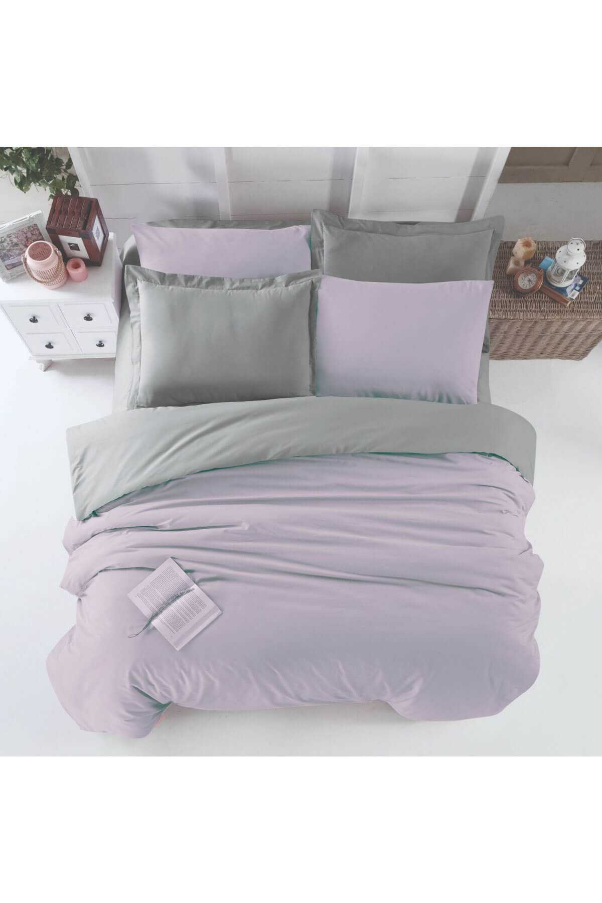 Çift Kişilik Lastikli Çarşaflı Nevresim Takımı Pamuklu Four Season Lila Gri resmi