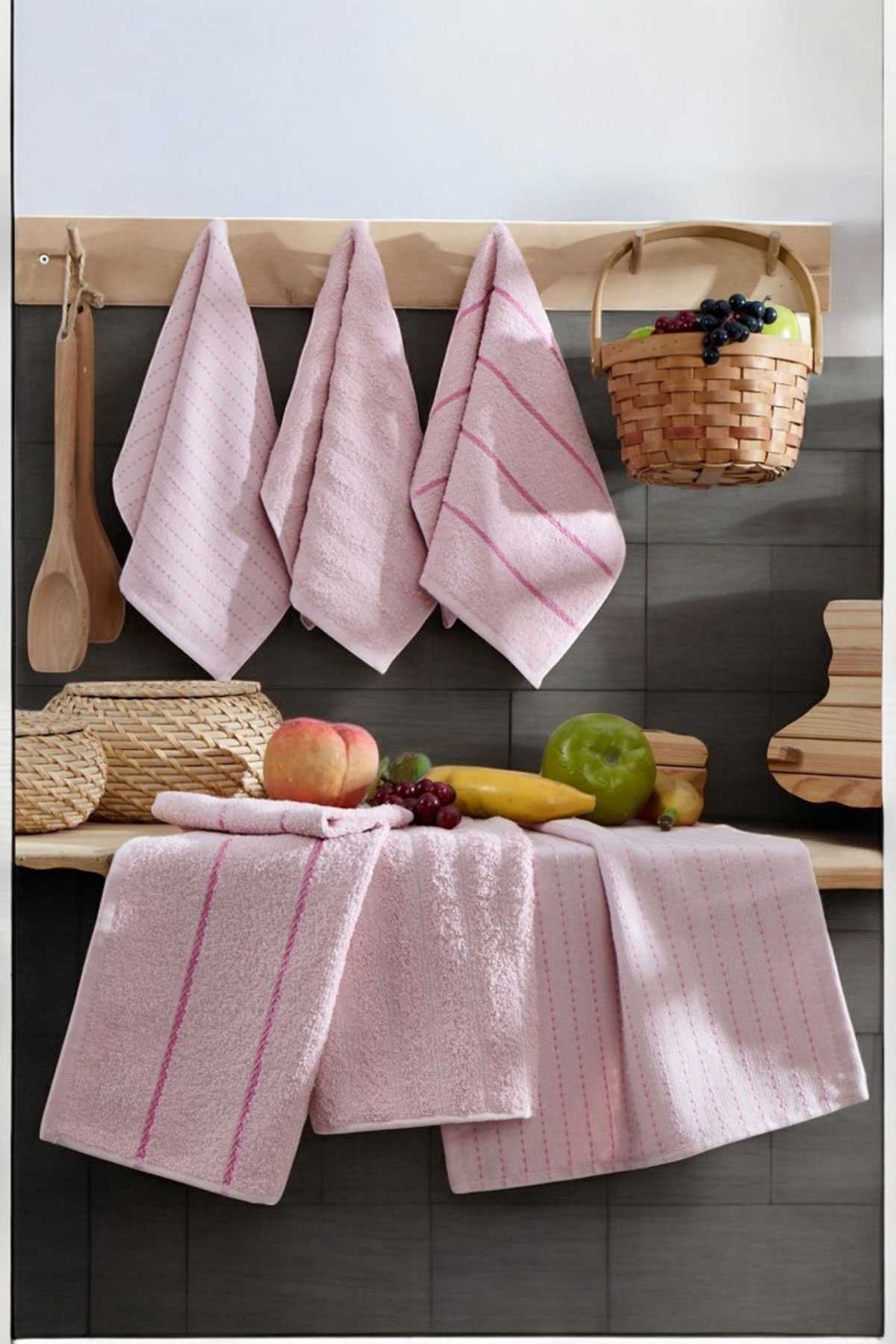 6 lı Luna Naturel Mutfak Havlu Seti %100 Pamuklu 30X50 Cm Pudra resmi