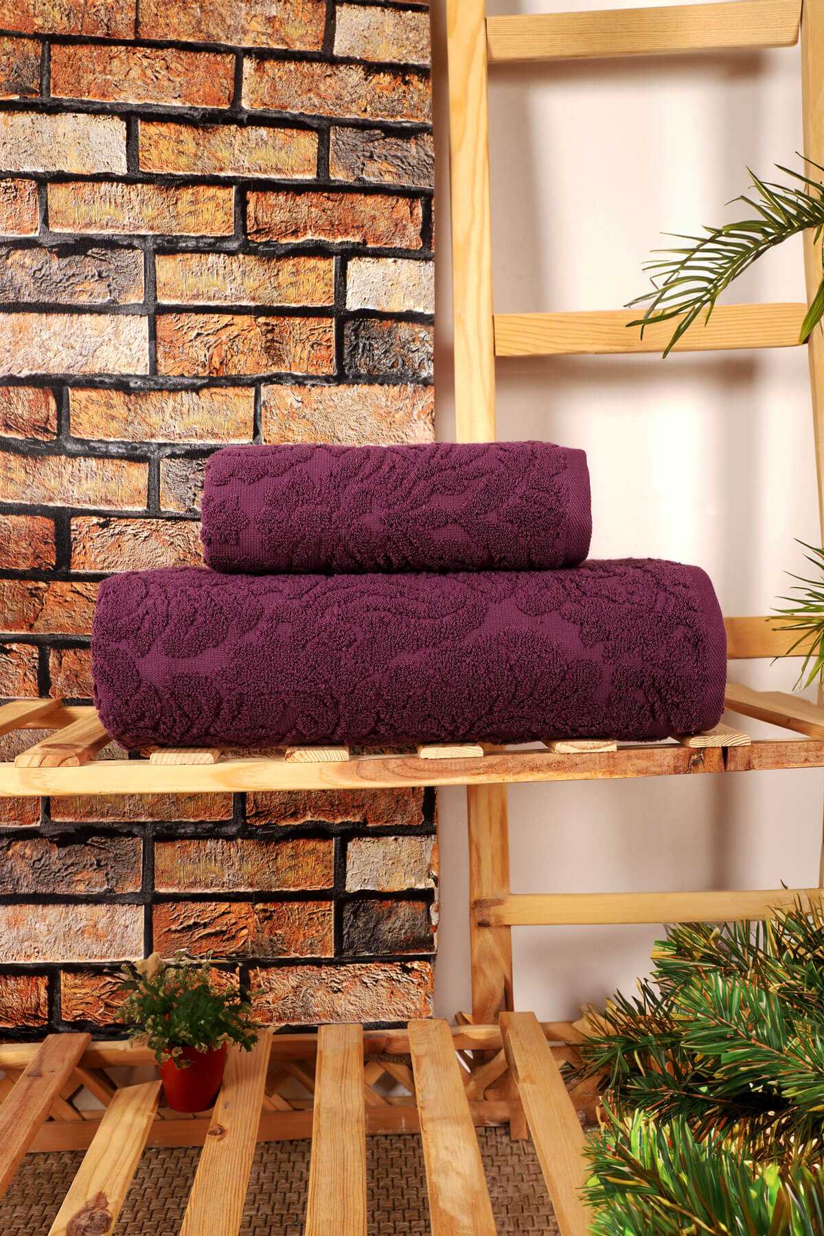 Mira Home 2 Parça Jakarlı Banyo Havlu Takımı Doku Desen Mor resmi