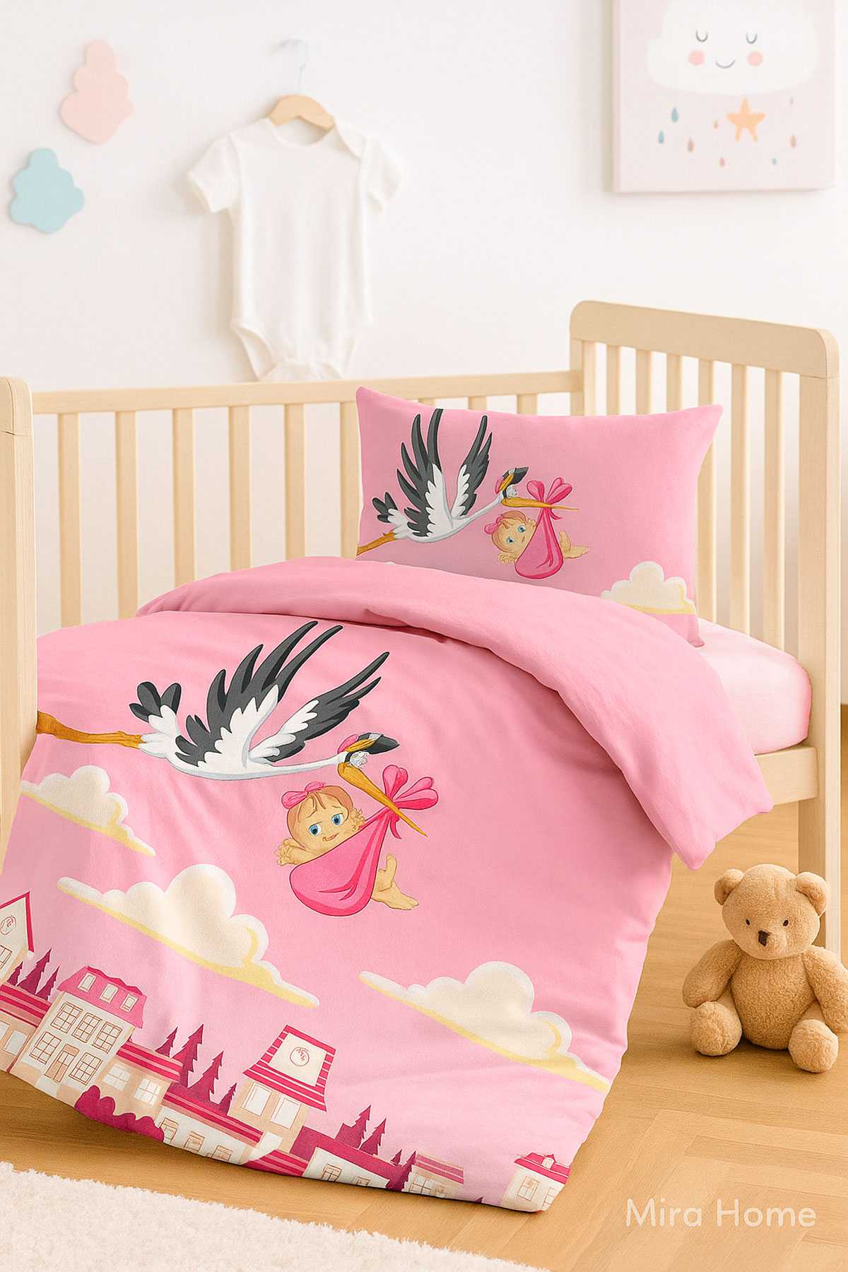 Yenidoğan Kız Bebek Nevresim Takımı %100 Pamuklu Leylek resmi