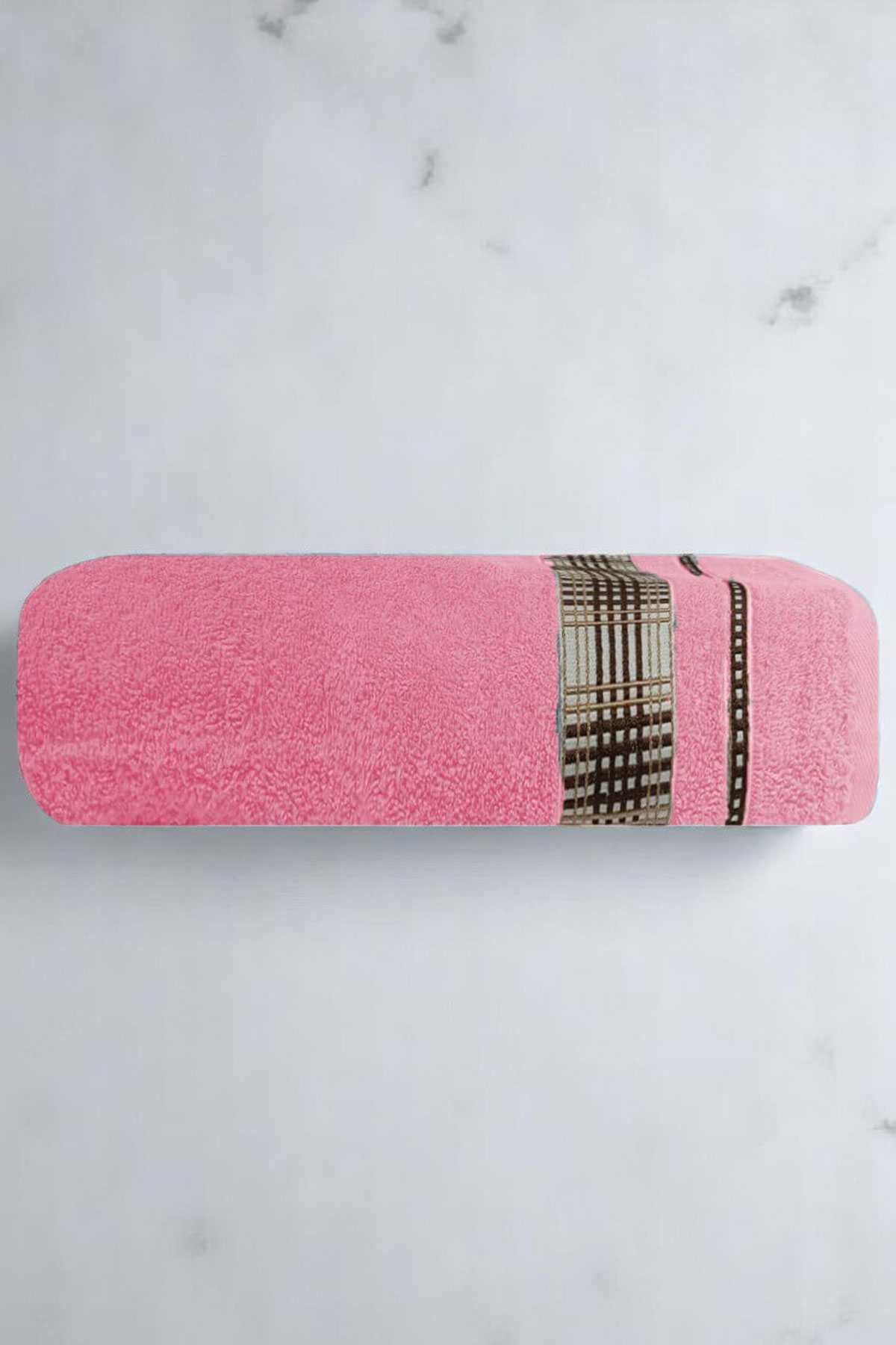 Ekose Desenli % 100 Pamuk Banyo Havlusu 70x140 Cm Pembe resmi