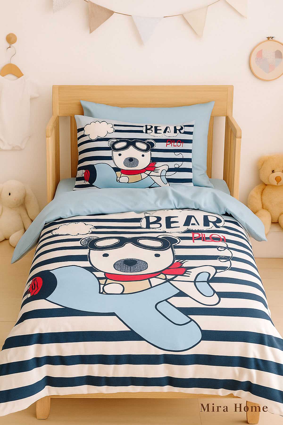 Yenidoğan Erkek Bebek Nevresim Takımı %100 Pamuklu Bear Pilot resmi