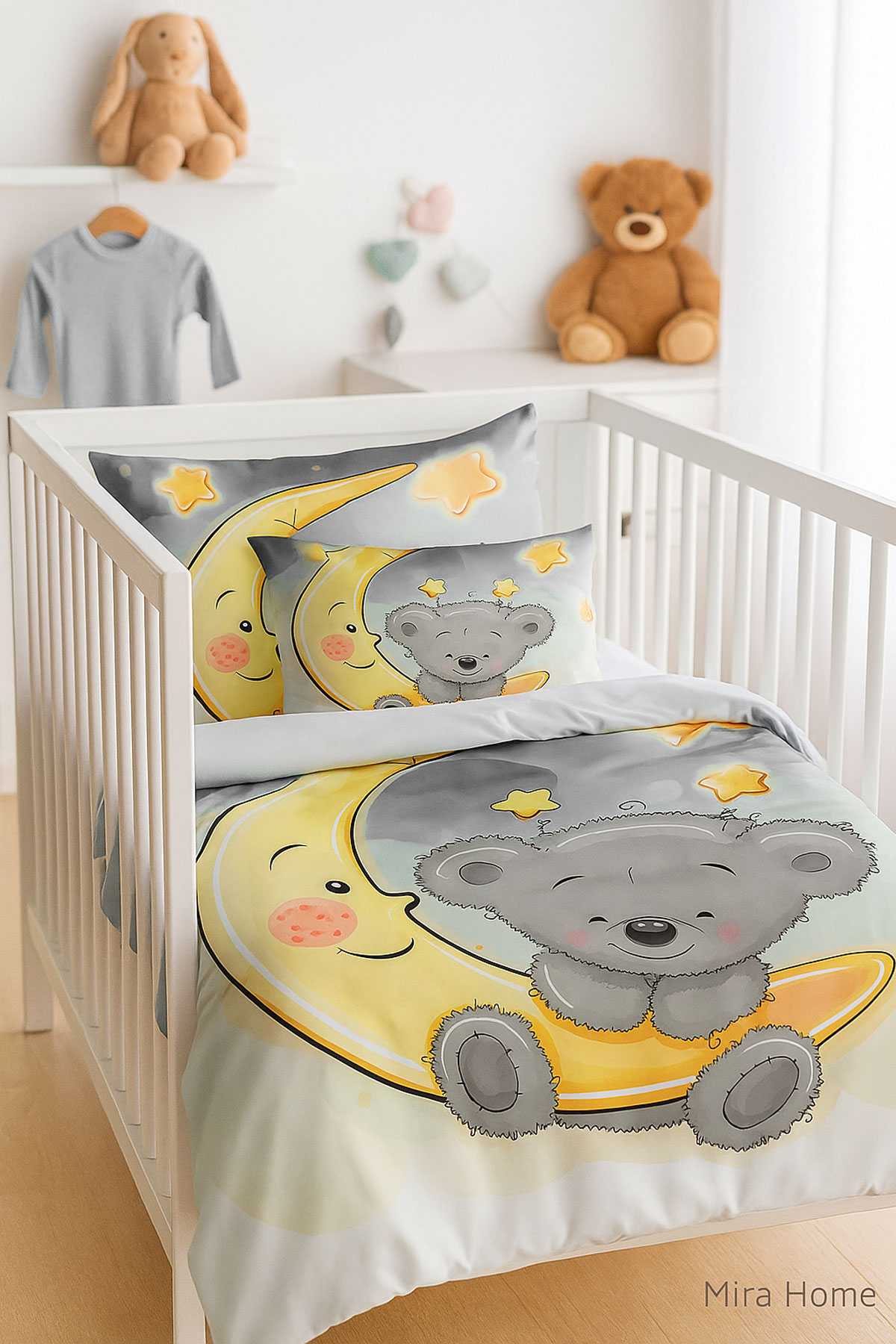 Yenidoğan Kız / Erkek Unisex Bebek Nevresim Takımı %100 Pamuklu Aydaki Ayıcık resmi