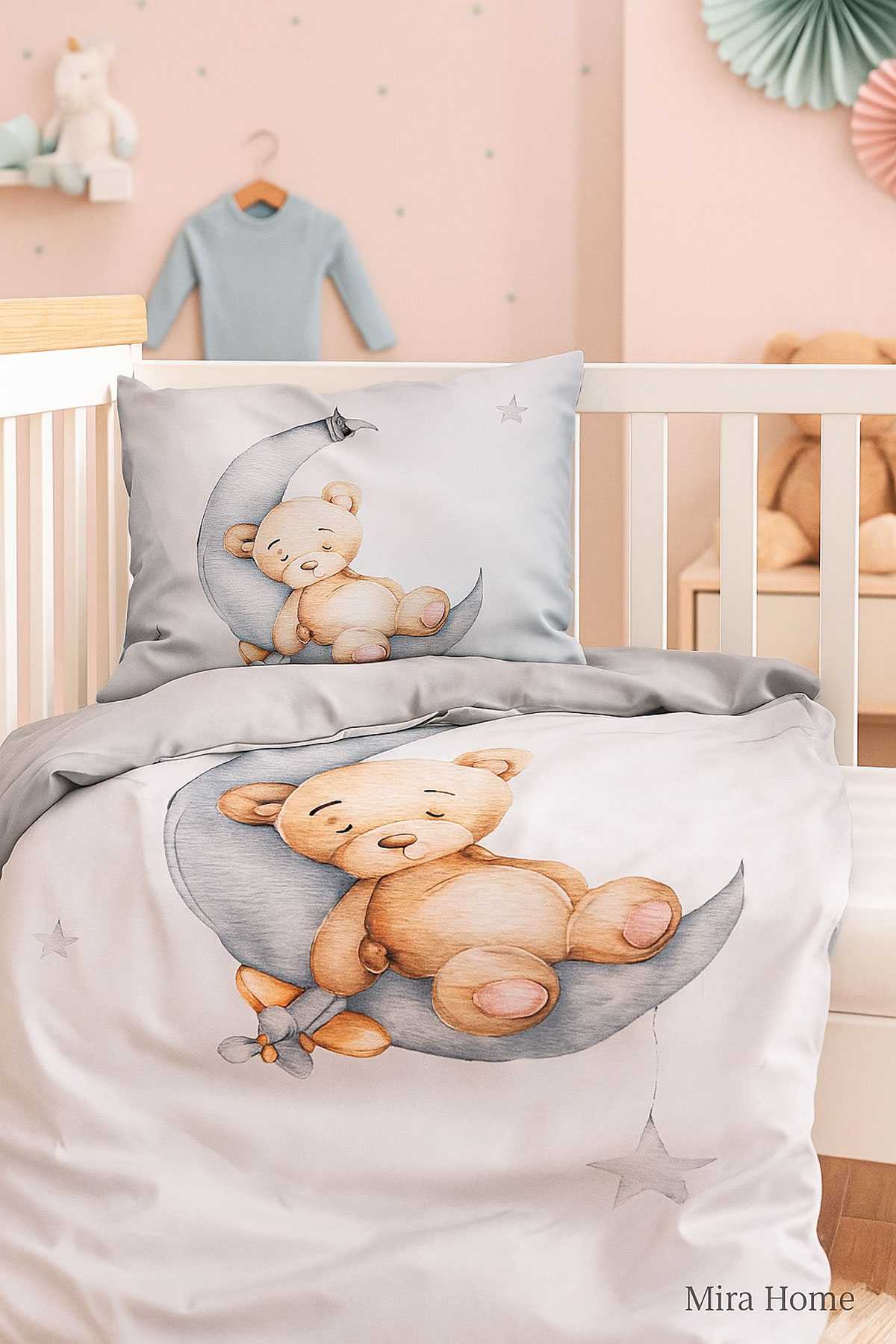 Yenidoğan Kız / Erkek Unisex Bebek Nevresim Takımı %100 Pamuklu Uykucu Ayıcık resmi