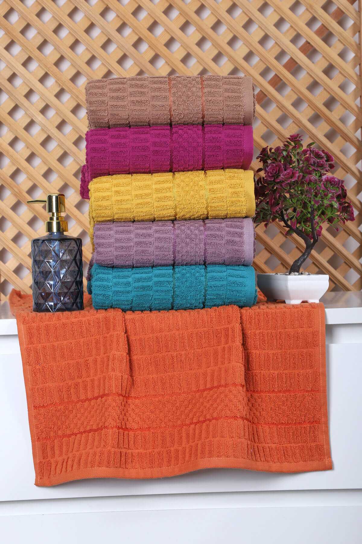 6 lı Renkli El Yüz Pamuklu Jakarlı Havlu Seti 50 x 90 Cm Platin resmi