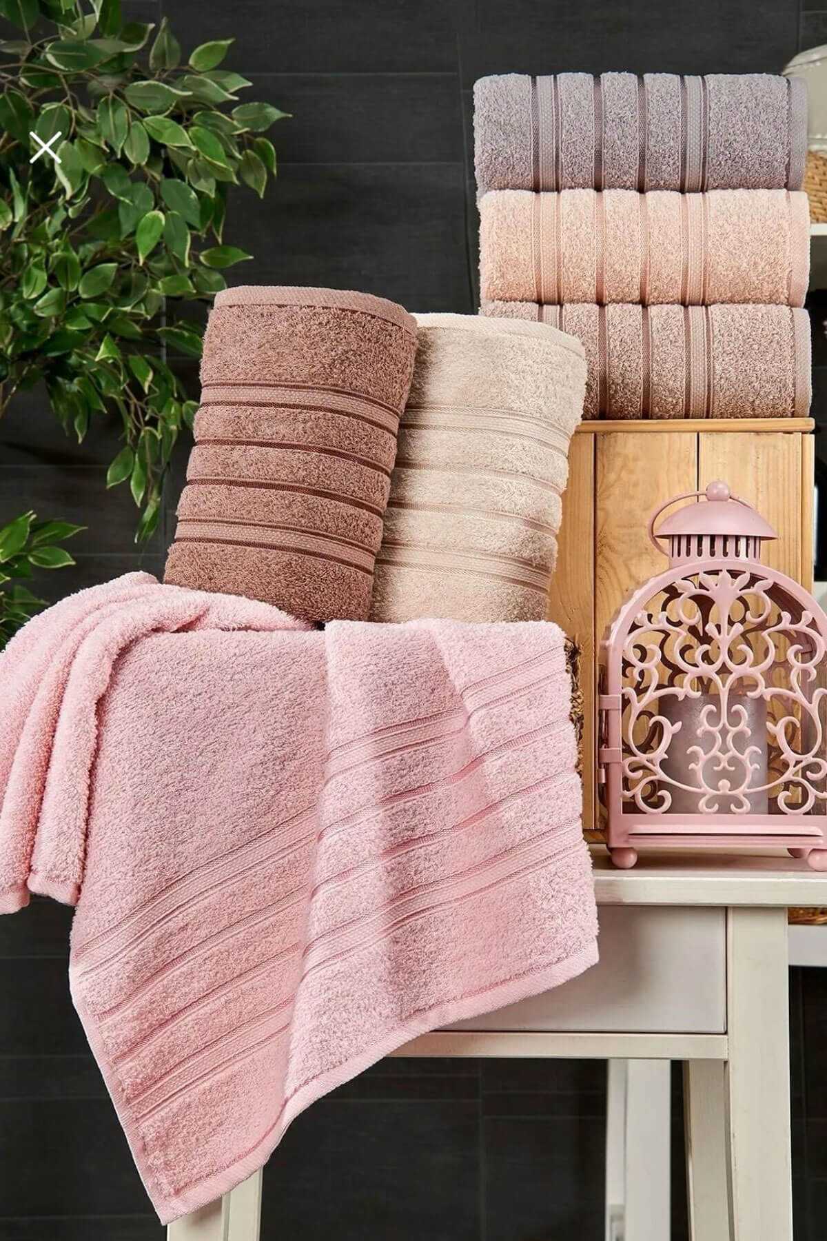 6 lı El Yüz Havlu Seti Pamuklu Havlu Takımı Renkli Pudra resmi