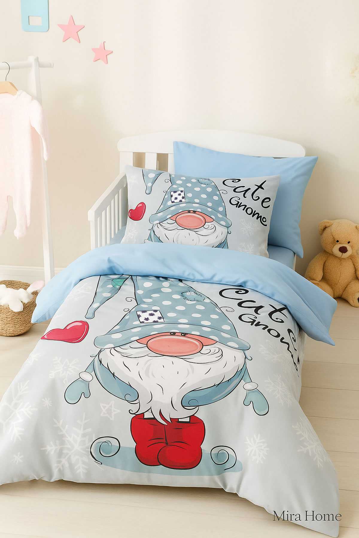 Dijital Baskılı 3d Pamuklu Yenidoğan Bebek Nevresim Takımı Cute Gnome Blue resmi