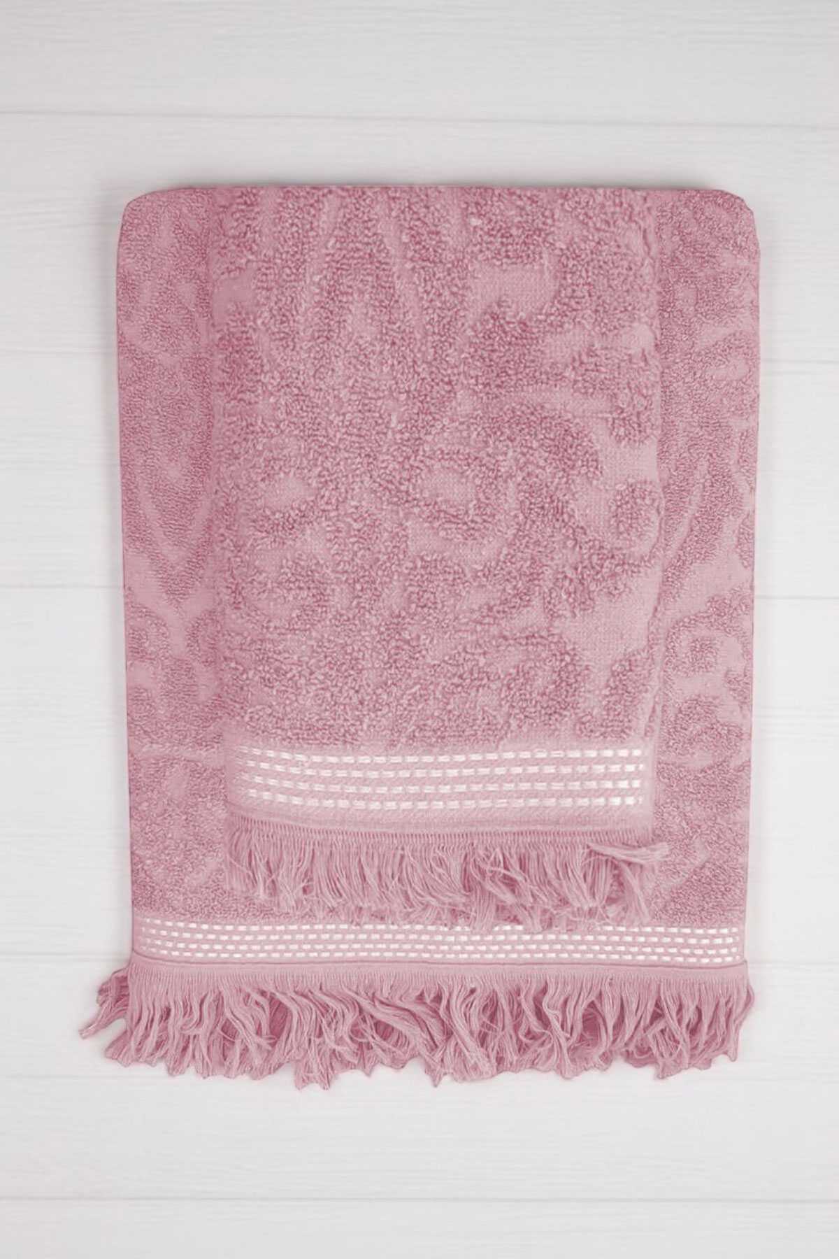 2 Parça Jakarlı Banyo Havlu Takımı %100 Pamuklu 90x150 Cm Arden Pembe resmi