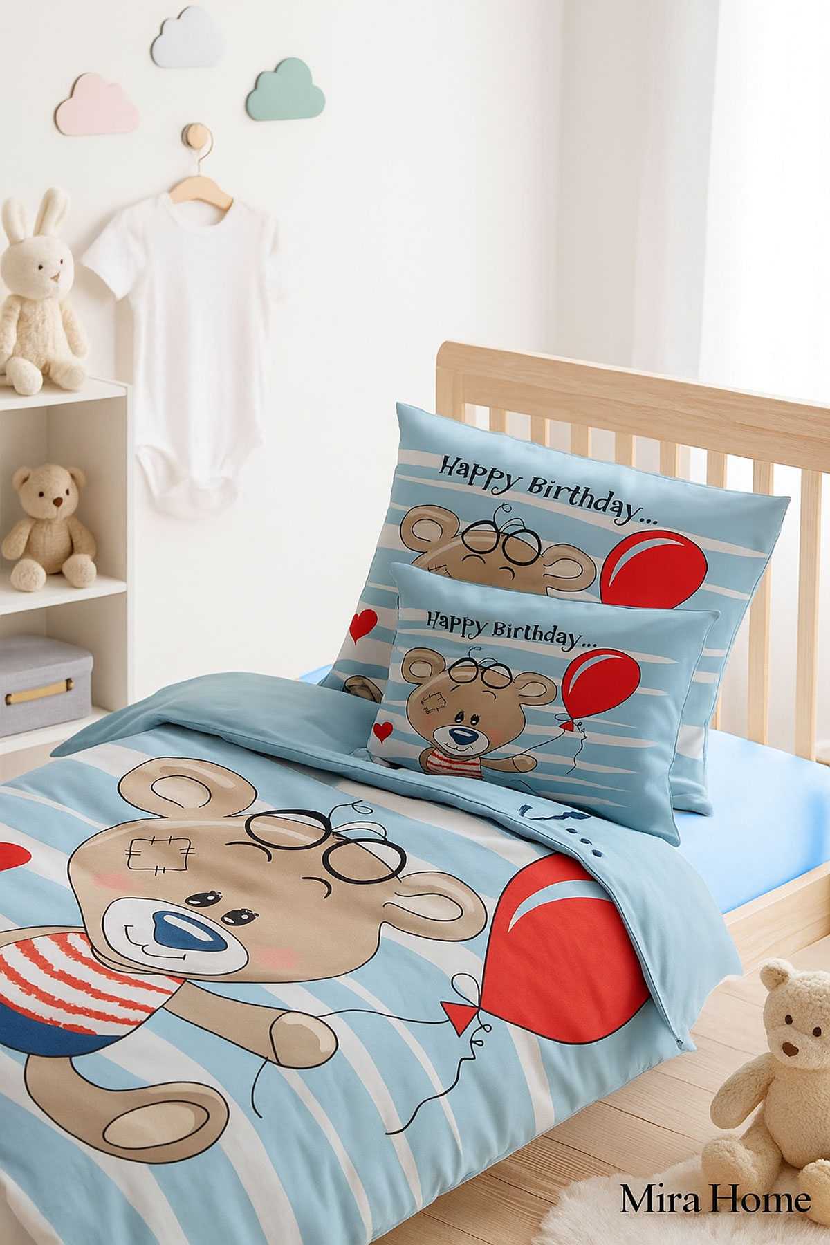 Yenidoğan Erkek Bebek Nevresim Takımı %100 Pamuklu Bear Baloon resmi