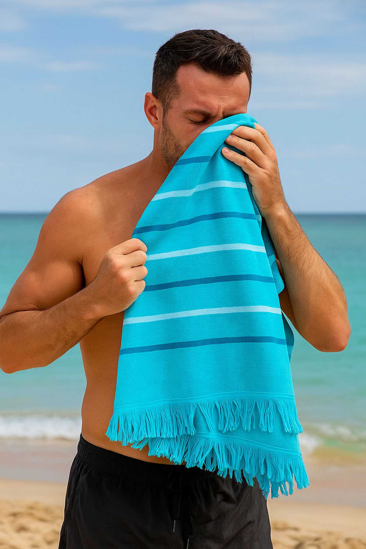 Peştemal Plaj Havlusu %100 Pamuklu 70x150 Cm  Turkuaz Waves resmi