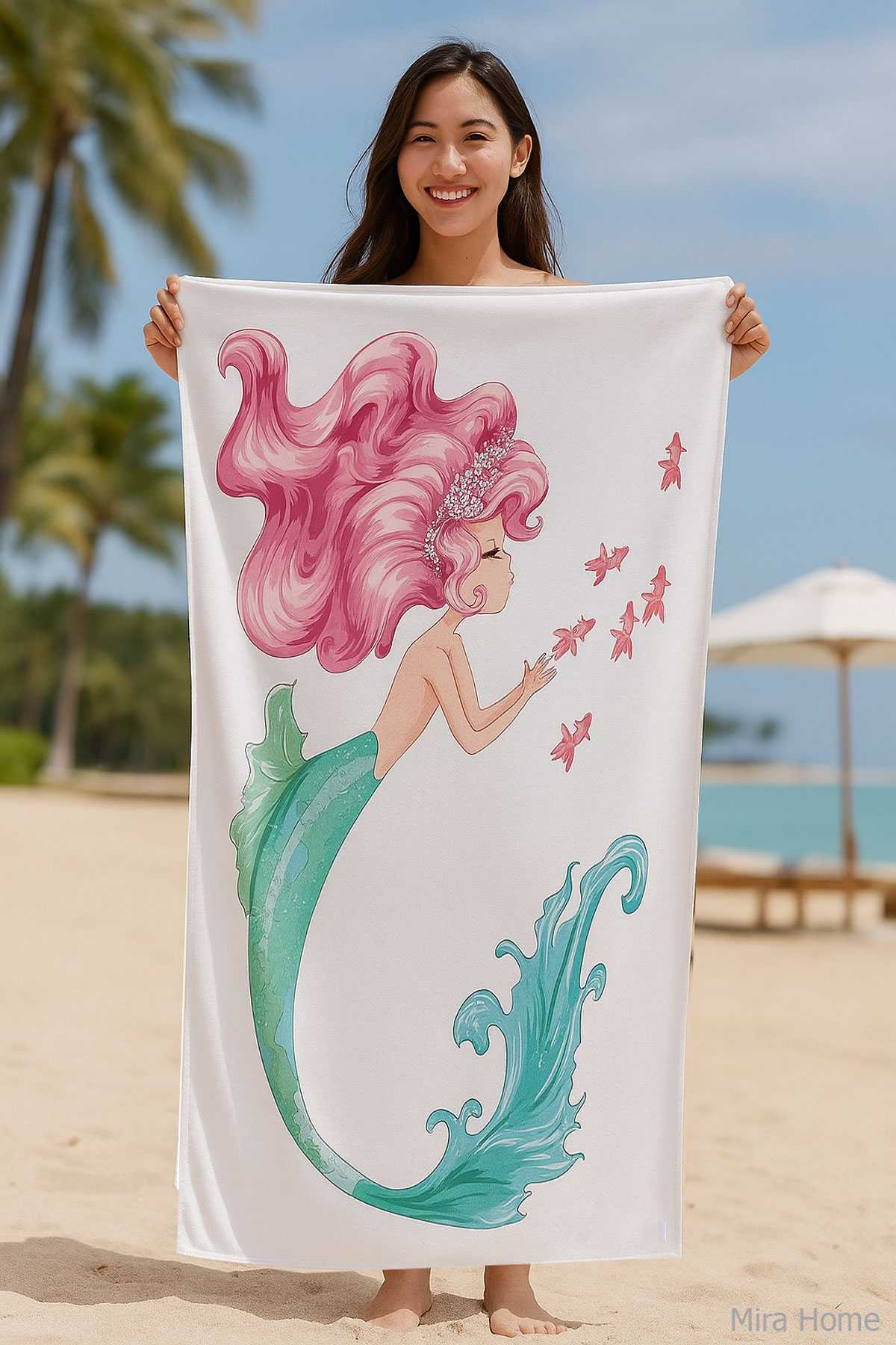 SeaDream Tropikal Desenli Plaj Havlusu 70X140 Cm Denizkızı resmi