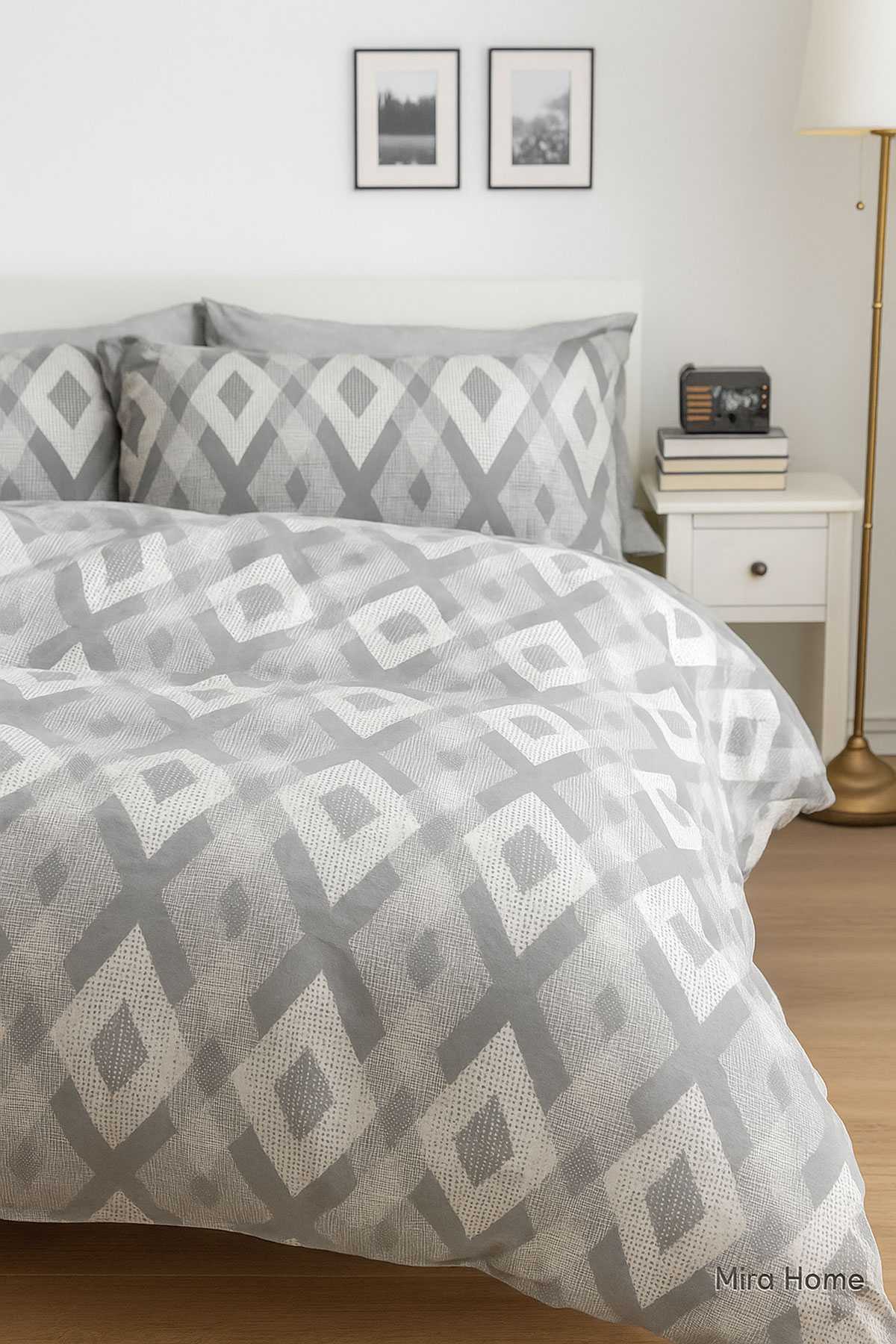 Mira Home İç İçe Baklava Desen Gri Pamuklu  Nevresim Takımı resmi