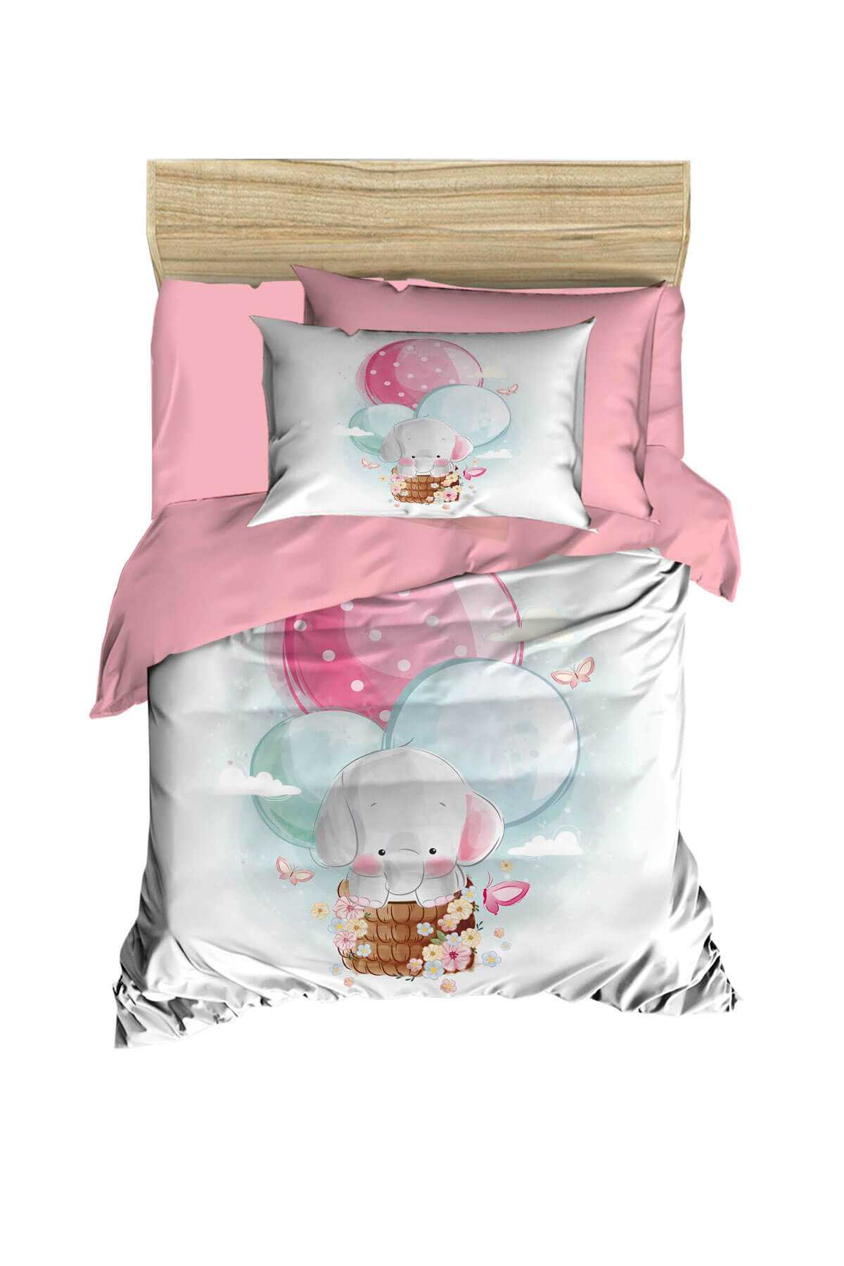 Dijital Baskılı 3d Pamuklu Yenidoğan Bebek Nevresim Takımı Elephant Baloon Pink resmi