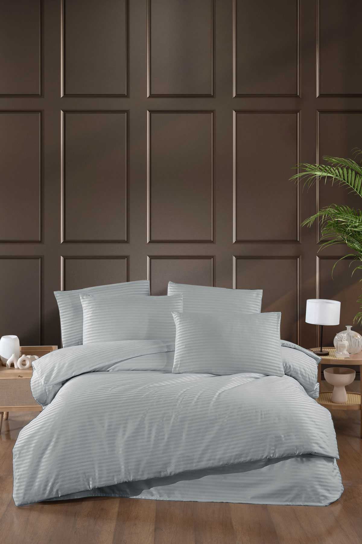 Stripe Saten Line Çift Kişilik Nevresim Takımı Gri resmi