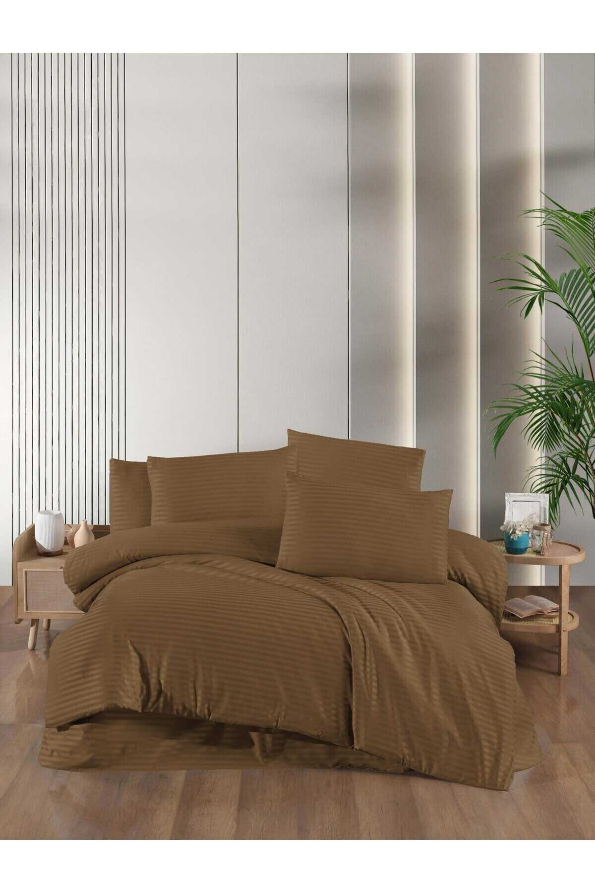 Stripe Saten Line Çift Kişilik Nevresim Takımı Kapiçino resmi