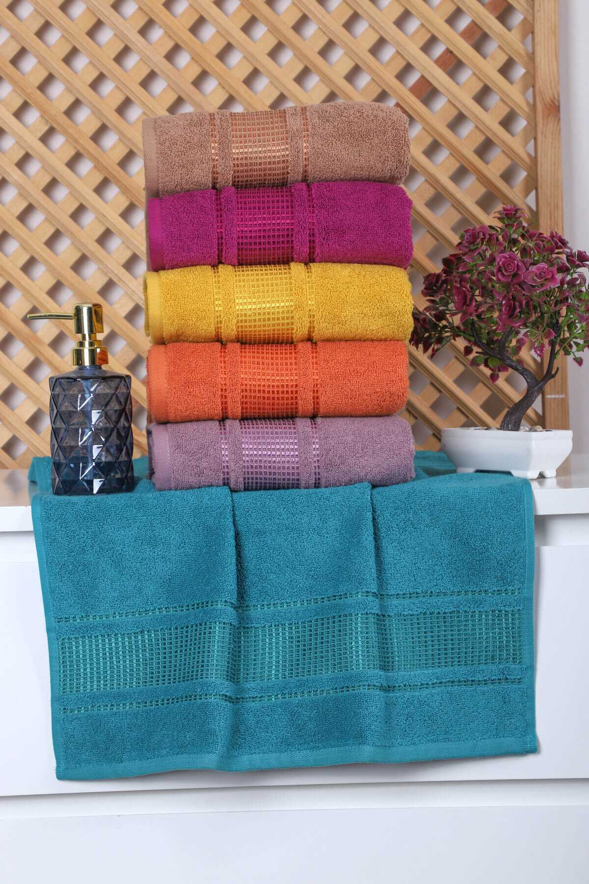 6 lı Rengarenk El Yüz Pamuklu Havlu Seti 50 x 90 Cm Gold resmi