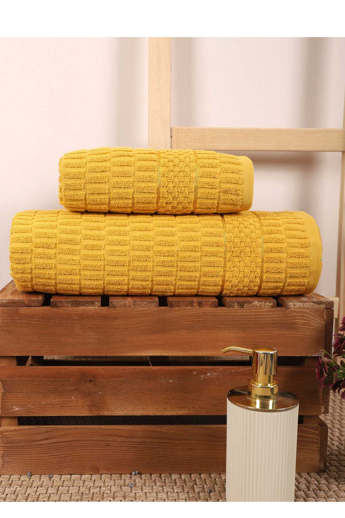 2 Parça Banyo Havlu Takımı %100 Pamuklu Çubuk Desen Sarı resmi