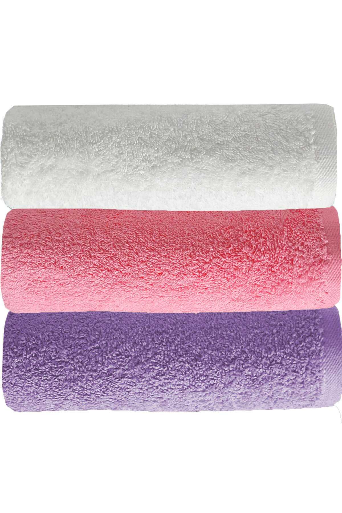 3 lü Düz Renk El Yüz Havlu Seti %100 Pamuklu 50x90 Cm Mor-Pembe-Beyaz resmi